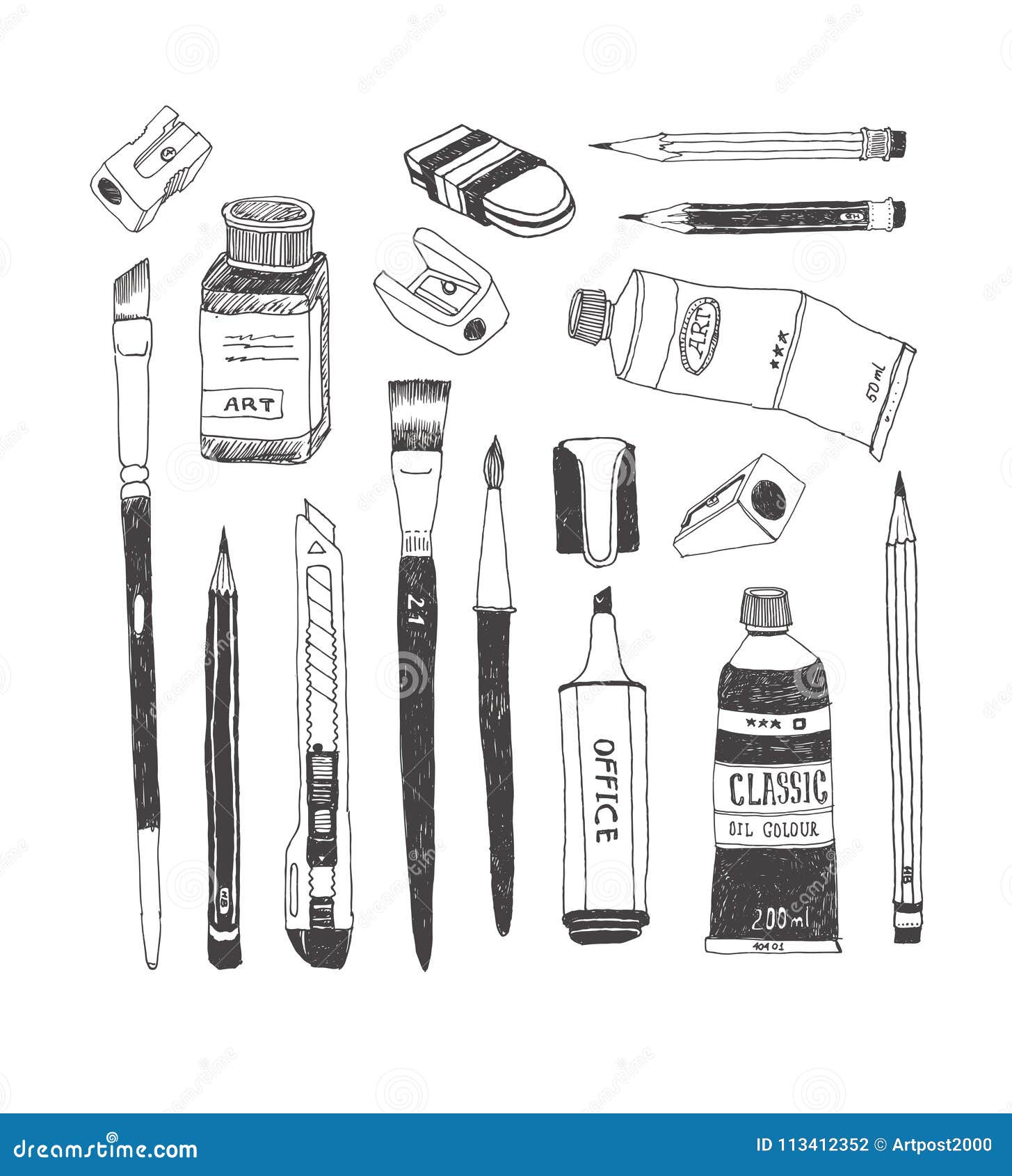 Hand Drawn Art Tools and Supplies Set Stock Vector Illustration of