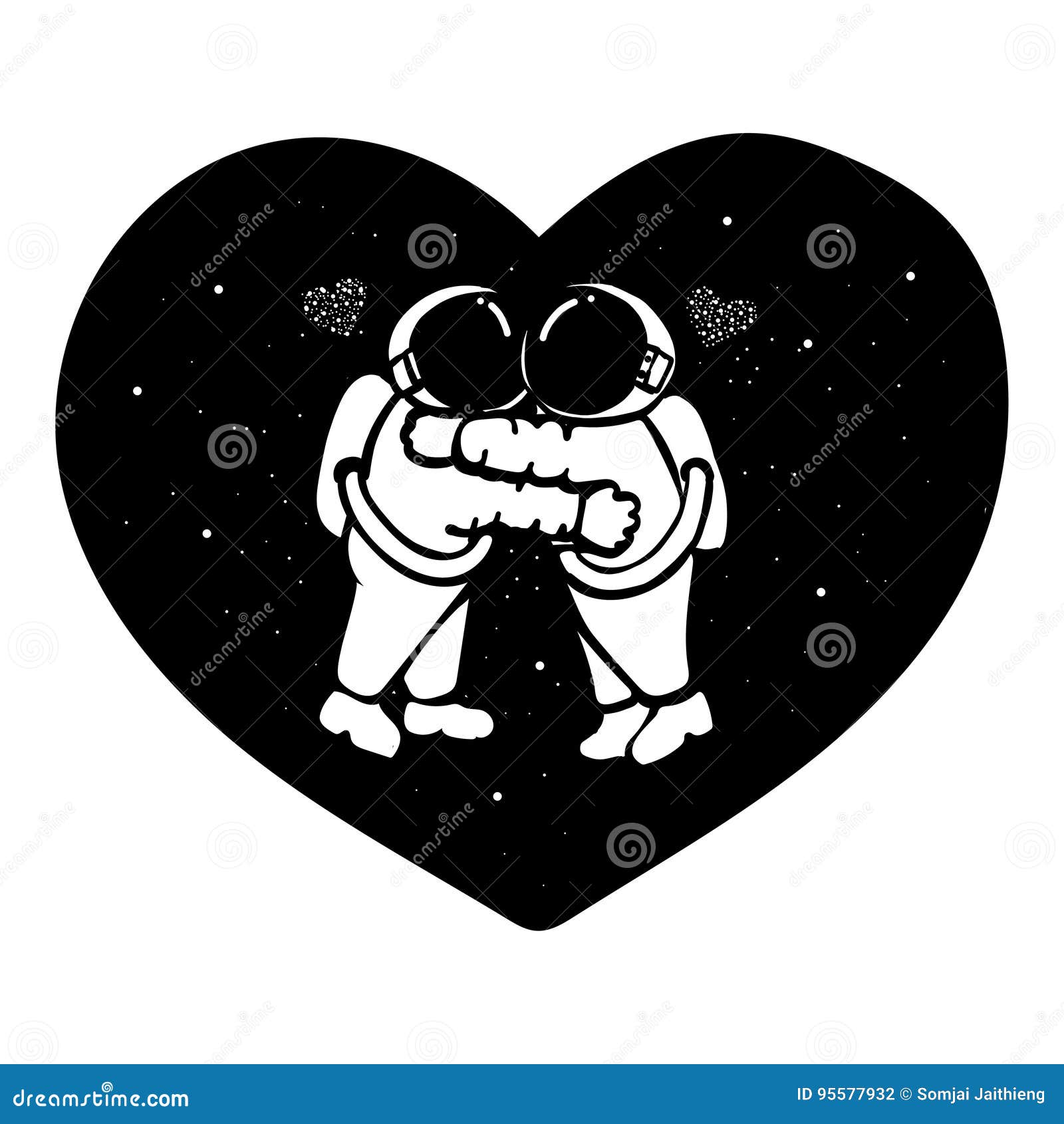 hand drawn astronaut couple hugging in the space with stars form in hearted  for t shirt ,  and wedding ca