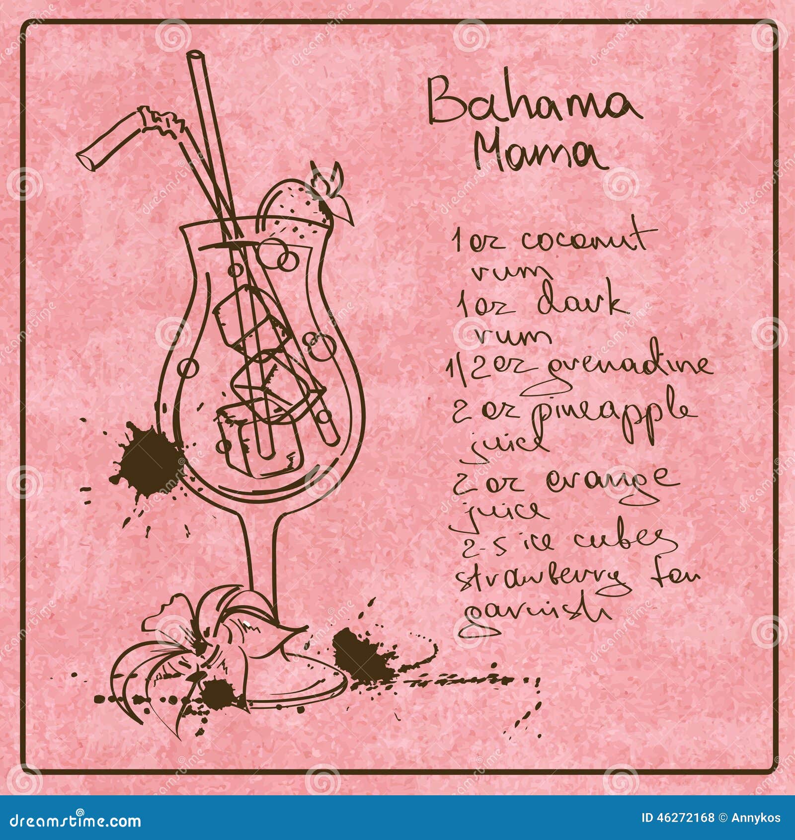 with hand drawn sketch Bahama Mama cocktail. Including recipe 