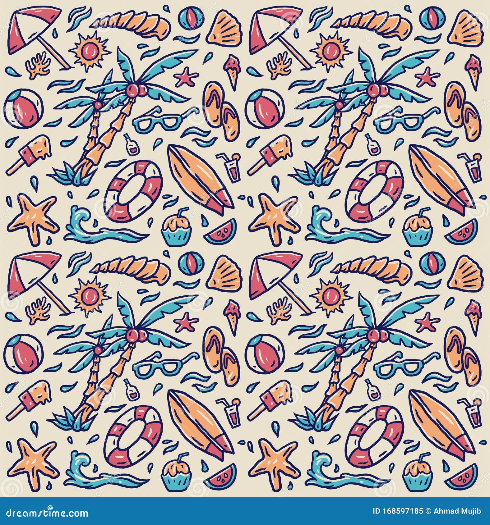Hand Drawn Beach Element Pattern, Hand Drawn Line with Digital Color ...