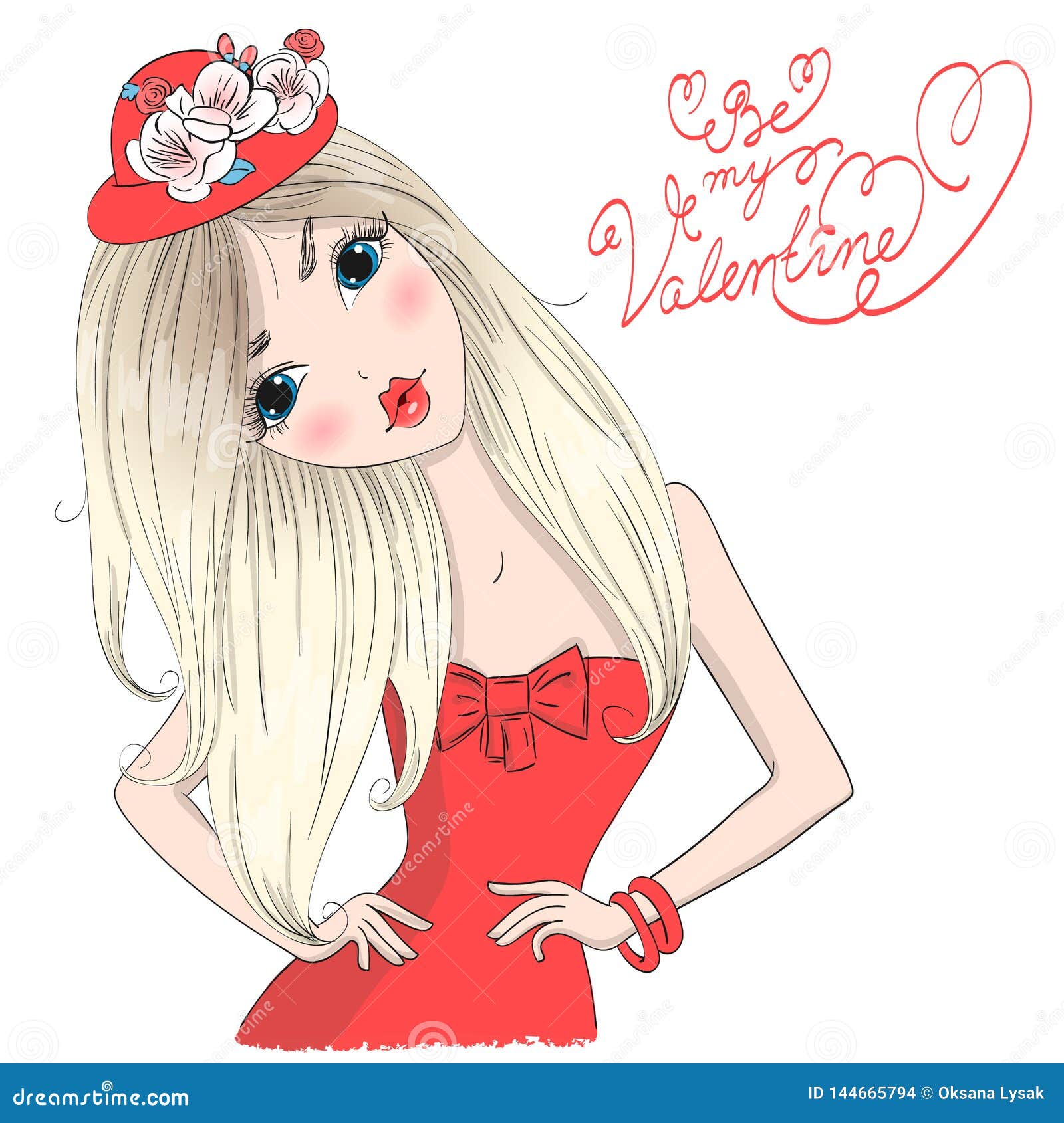 Hand Drawn Beautiful Cute Cartoon Fashion Valentines Girl in Red Dress.  Stock Vector - Illustration of face, female: 144665794