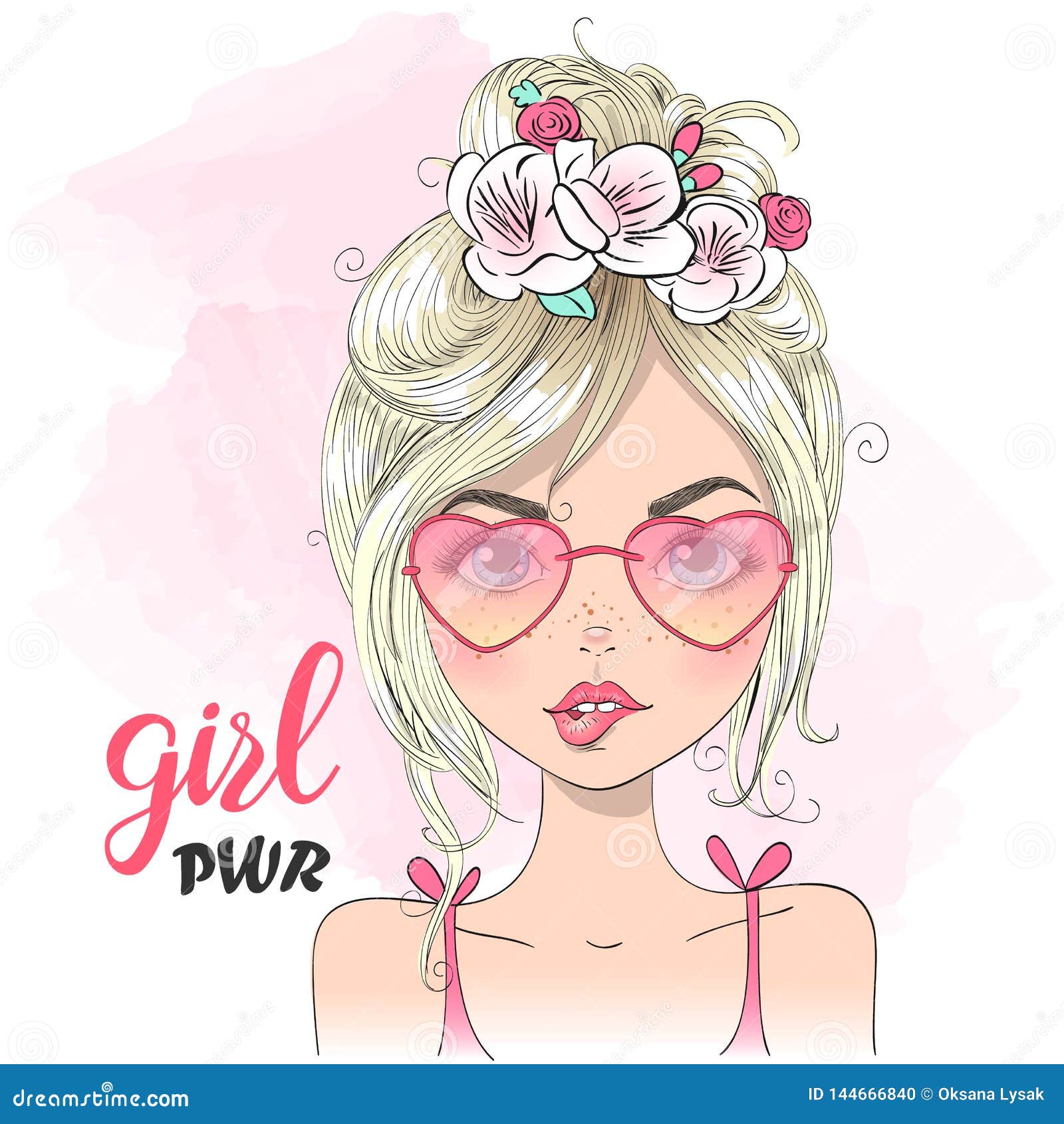 hand drawn beautiful cute cartoon girl lipss and background with inscription girl power.