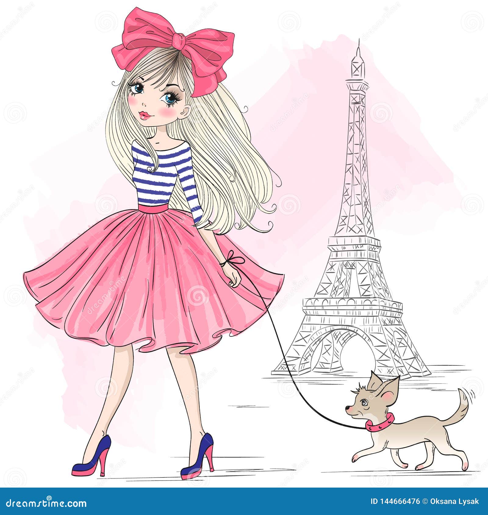 hand drawn beautiful, cute fashion girl with pretty dog chihuahua.