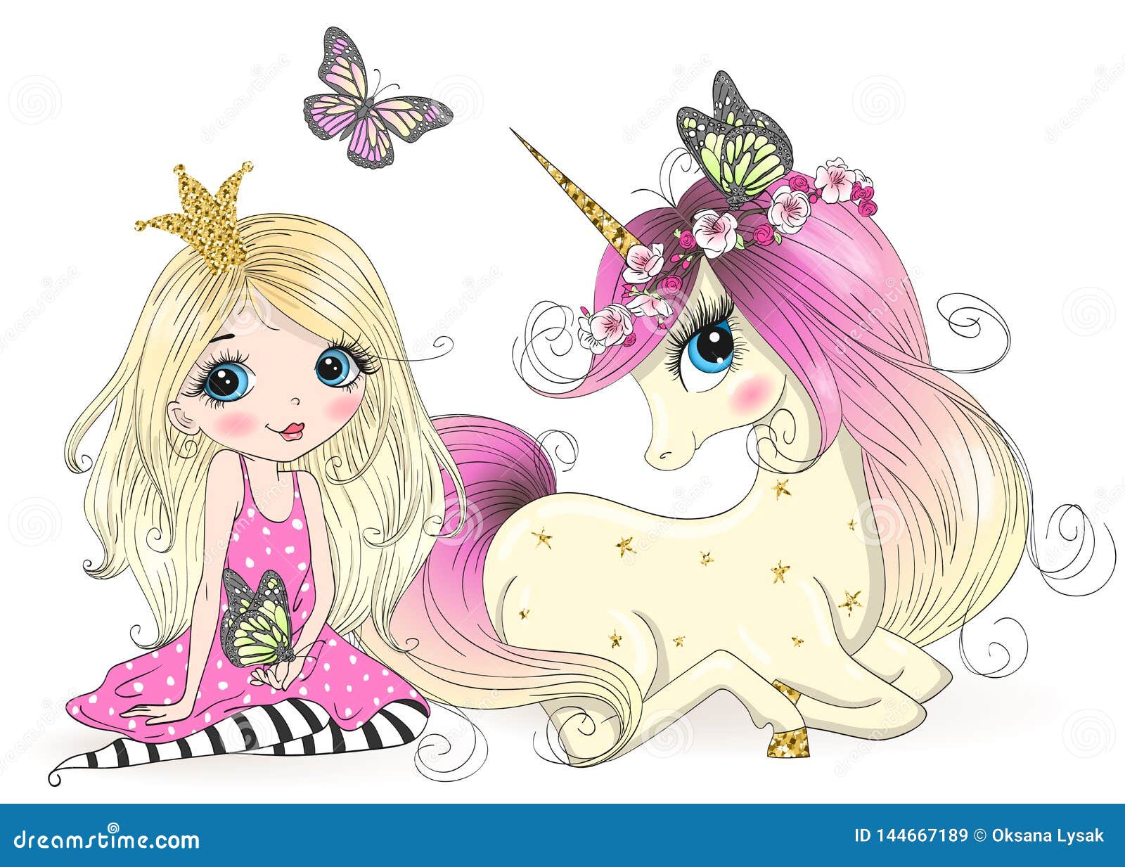 hand drawn beautiful cute little princess girls with unicorn.
