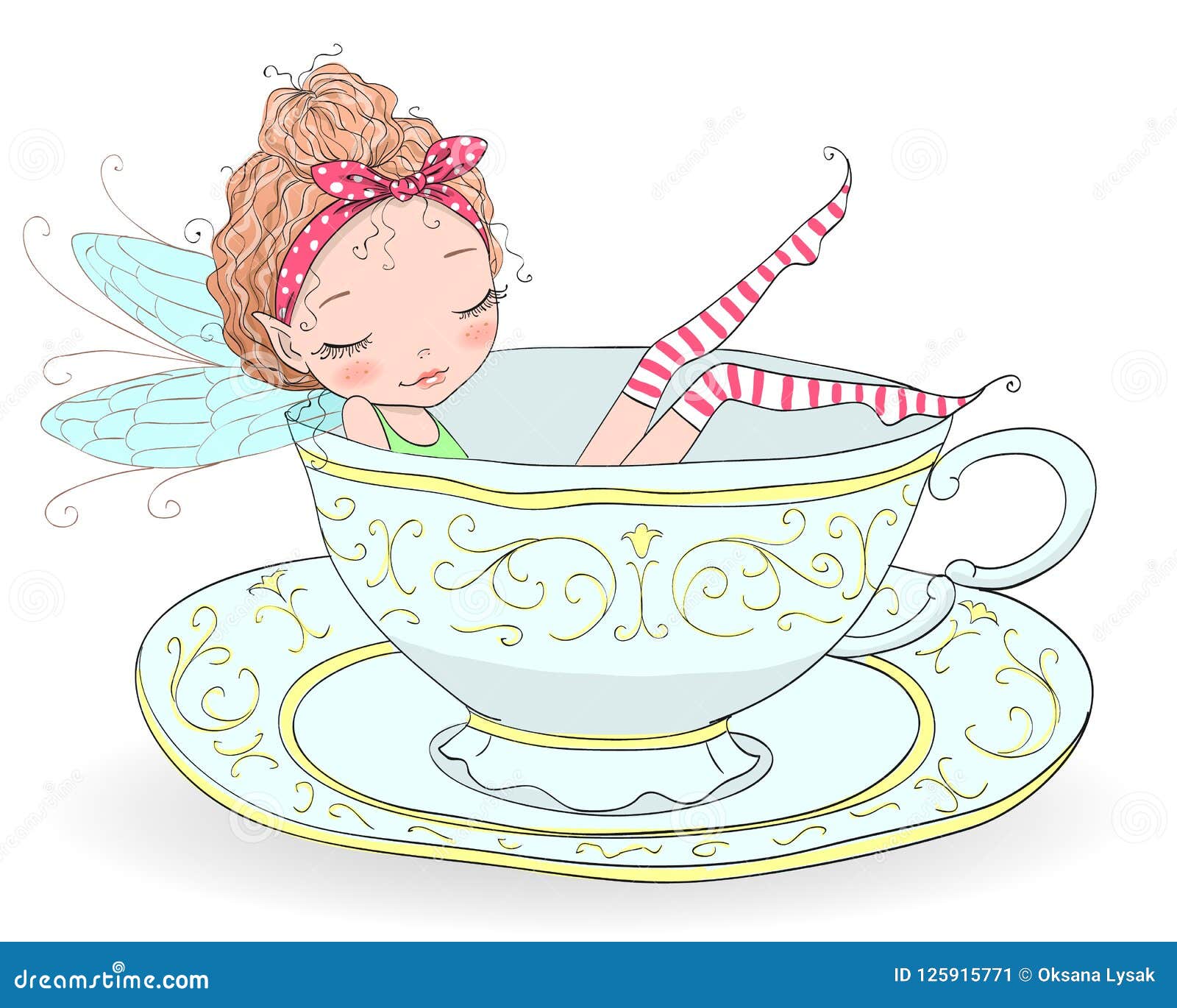 hand drawn beautiful, cute, little redhead curly fairy girl with freckles takes a bath in a porcelain cup.