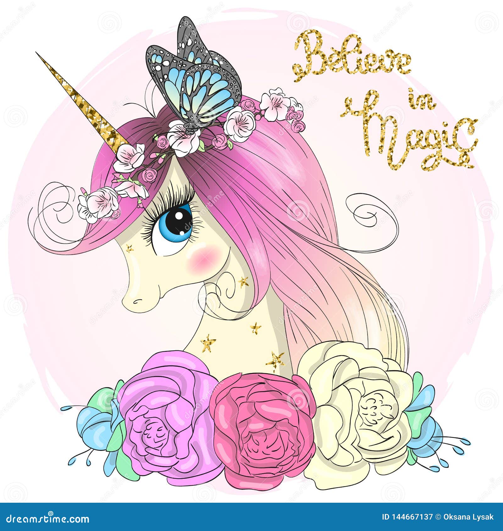 Hand Drawn Beautiful Cute Little Unicorn Girl with Wreath on Her Head