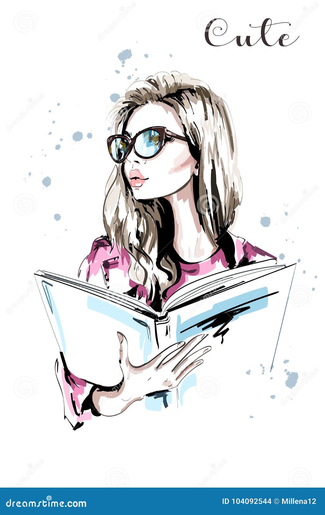 hand drawn beautiful woman with book. fashion woman in eyeglasses. stylish blond hair girl portrait. sketch.