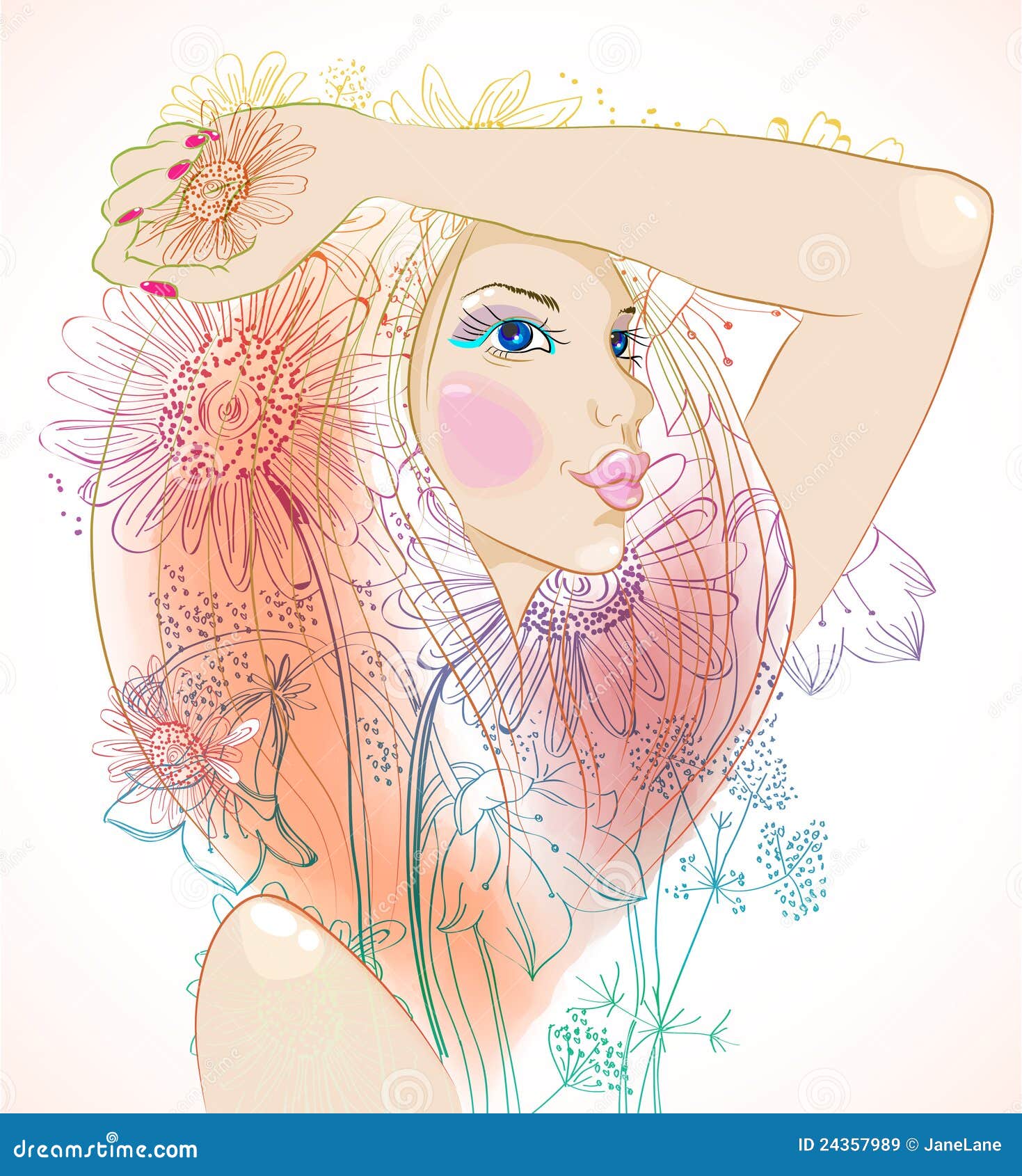 Hand Drawn Beautiful Woman with Flowers Stock Vector Illustration of
