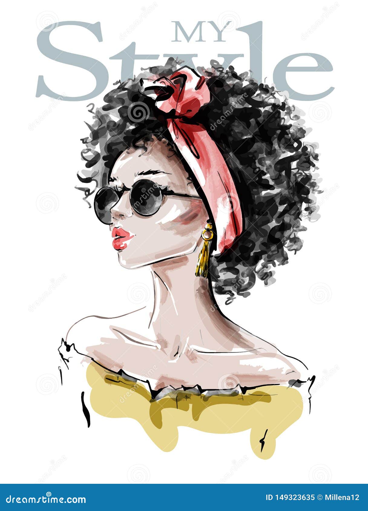 hand drawn beautiful young african american woman with afro hairstyle. stylish black skin girl in sunglasses. fashion woman look.