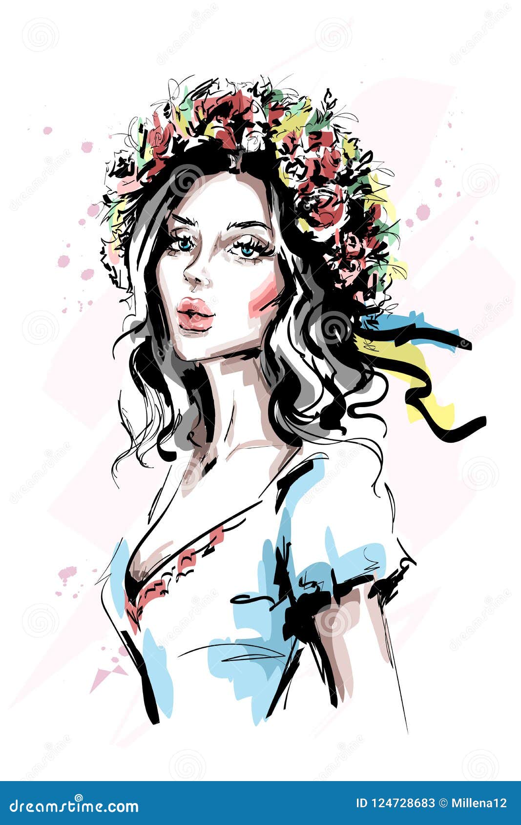 hand drawn beautiful young ukrainian woman in flower wreath and ethnic clothes. stylish elegant girl. fashion woman portrait.