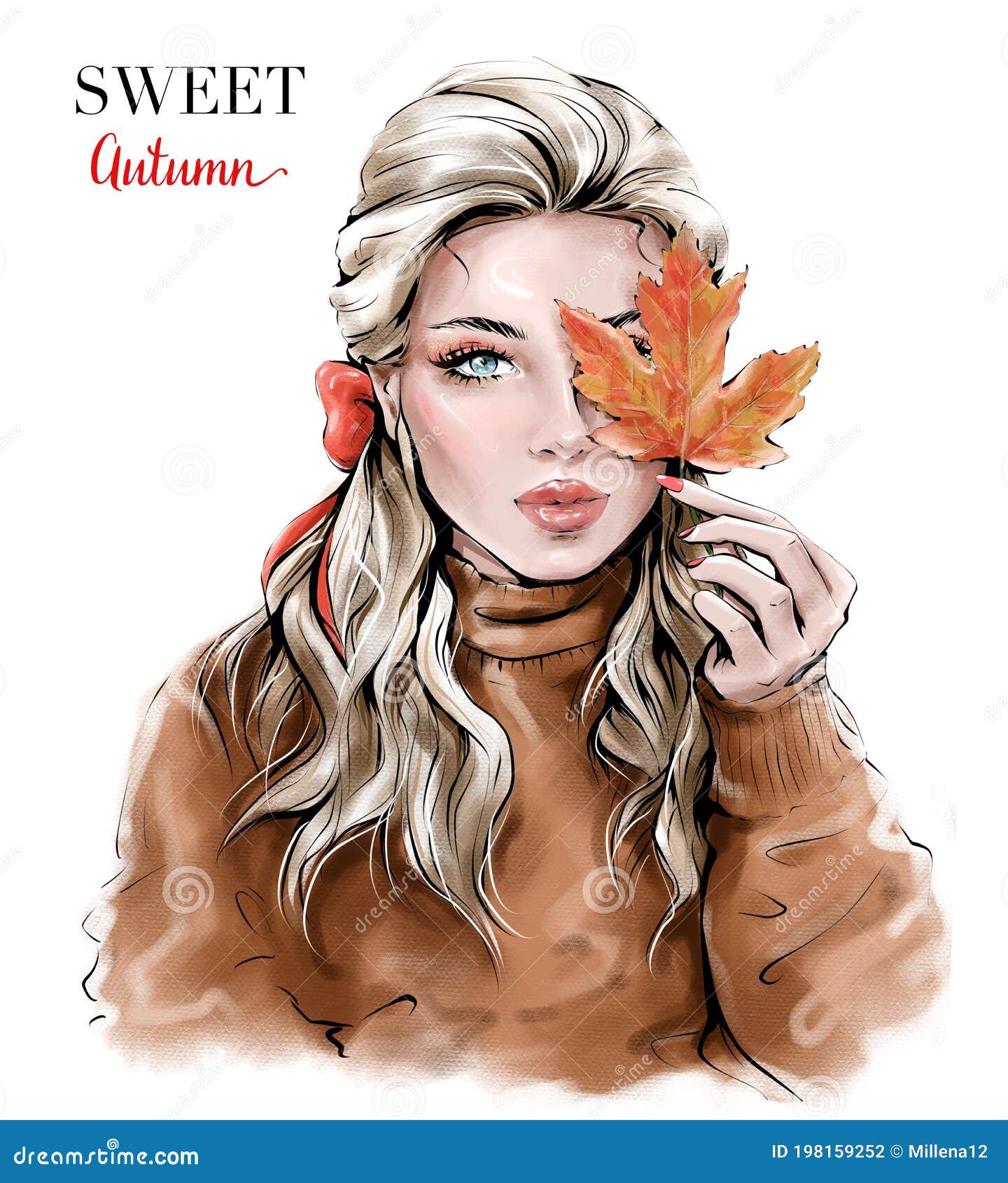 hand drawn beautiful young woman with autumn leaf. fashion woman.