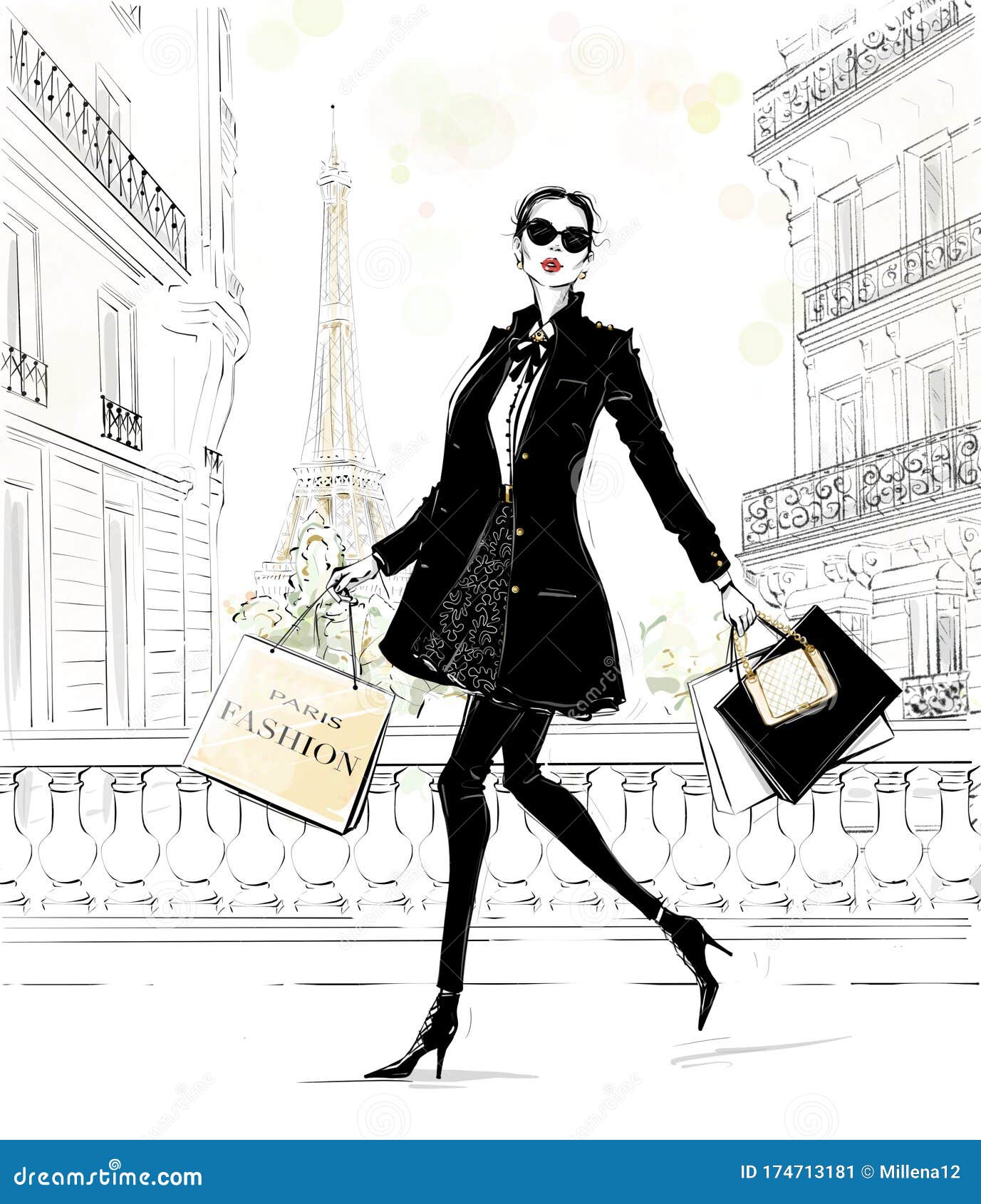Hand Drawn Beautiful Young Woman with Bags. Fashion Look. Stylish Girl in Fashion  Clothes with Paris Street Background. Sketch. Stock Illustration -  Illustration of people, golden: 174713181