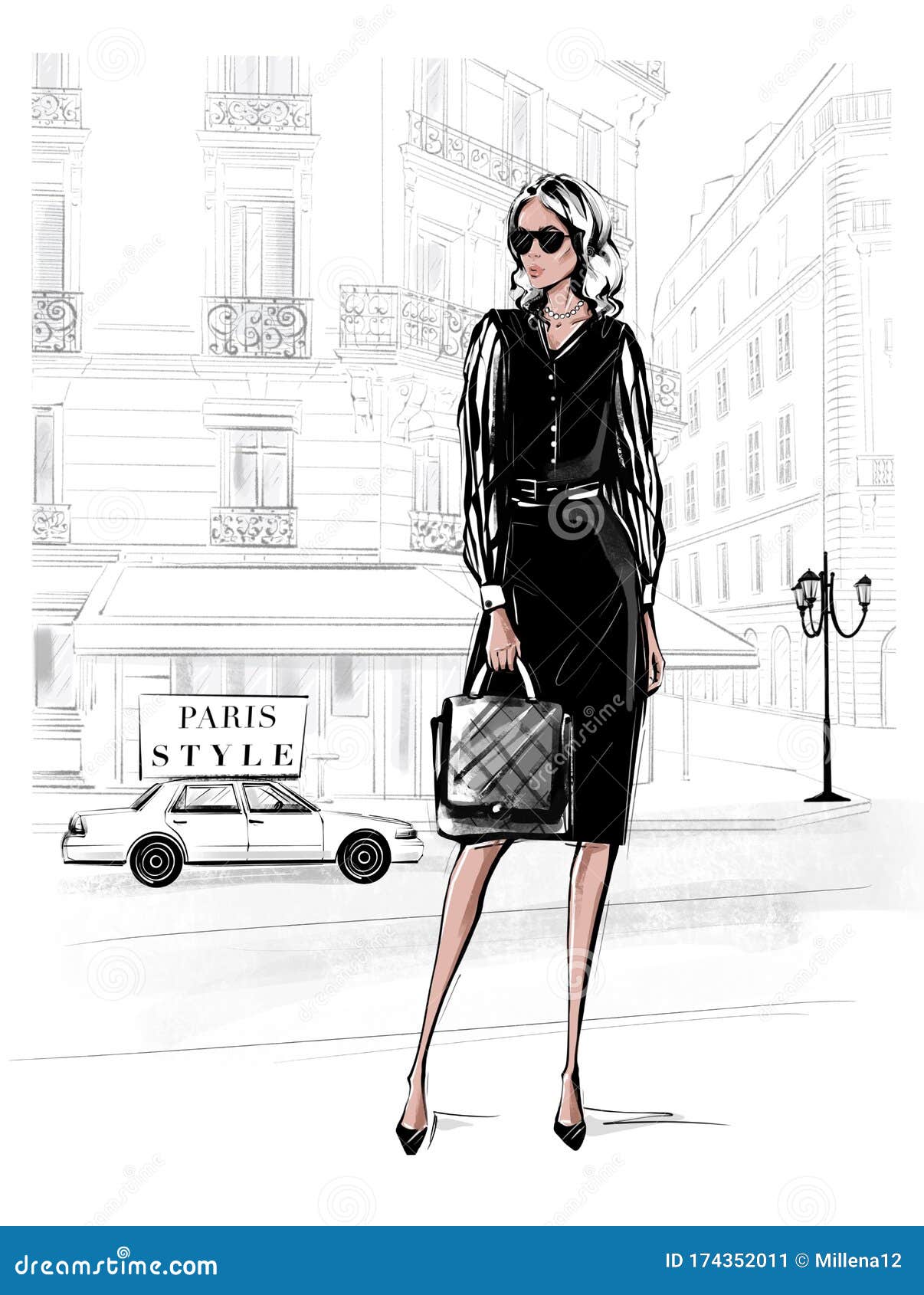 Hand Drawn Beautiful Young Woman in Black Dress. Fashion Woman with Bag.  Girl in Black Shoes with Paris Street Background. Sketch Stock Illustration  - Illustration of drawing, girl: 174352011