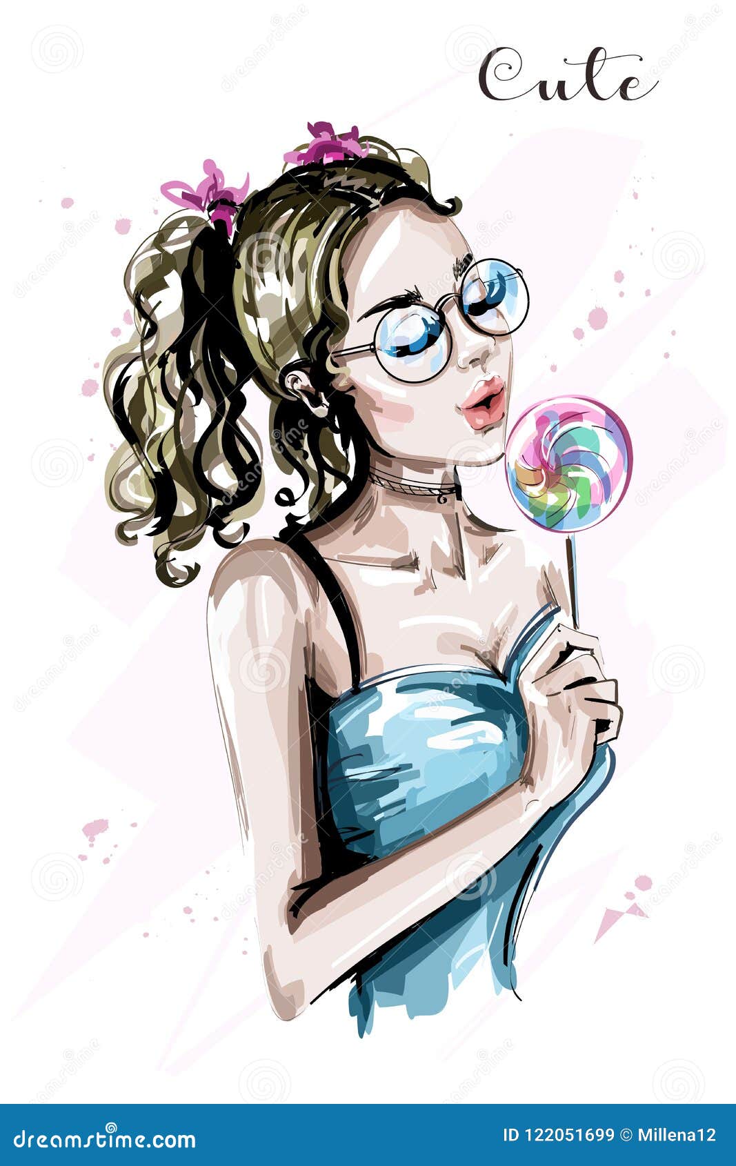 Hand Drawn Beautiful Young Woman With Candy Fashion Woman With