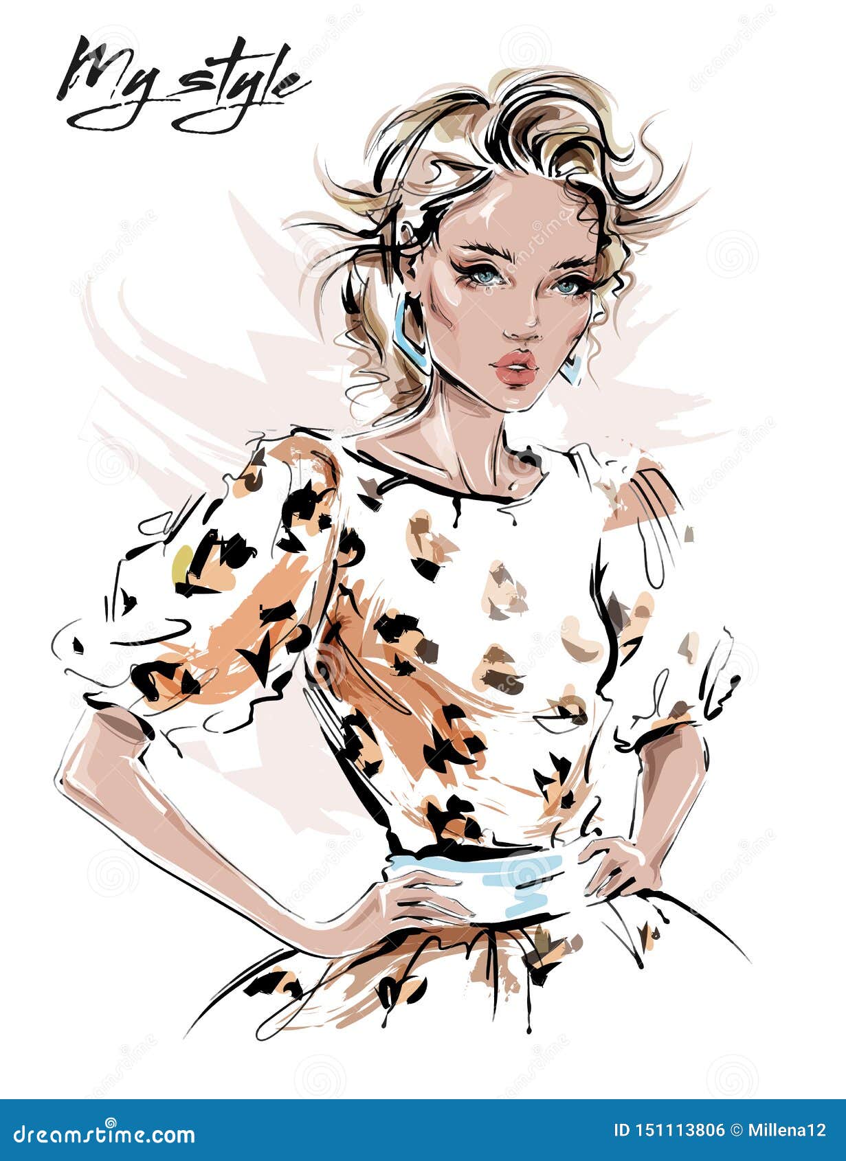 https://thumbs.dreamstime.com/z/hand-drawn-beautiful-young-woman-dress-leopard-print-stylish-girl-fashion-look-sketch-vector-illustration-151113806.jpg
