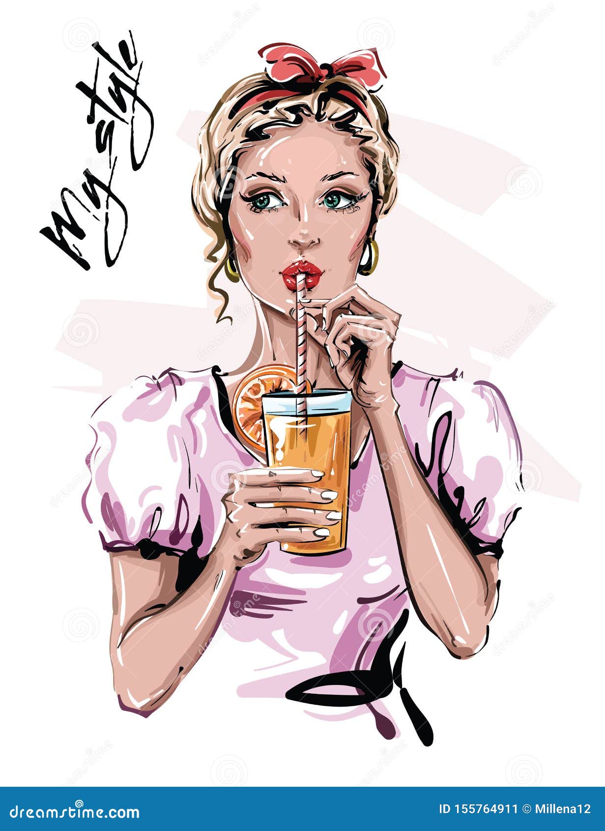 Hand Drawn Beautiful Young Woman with Drink. Stylish Pin-up Girl