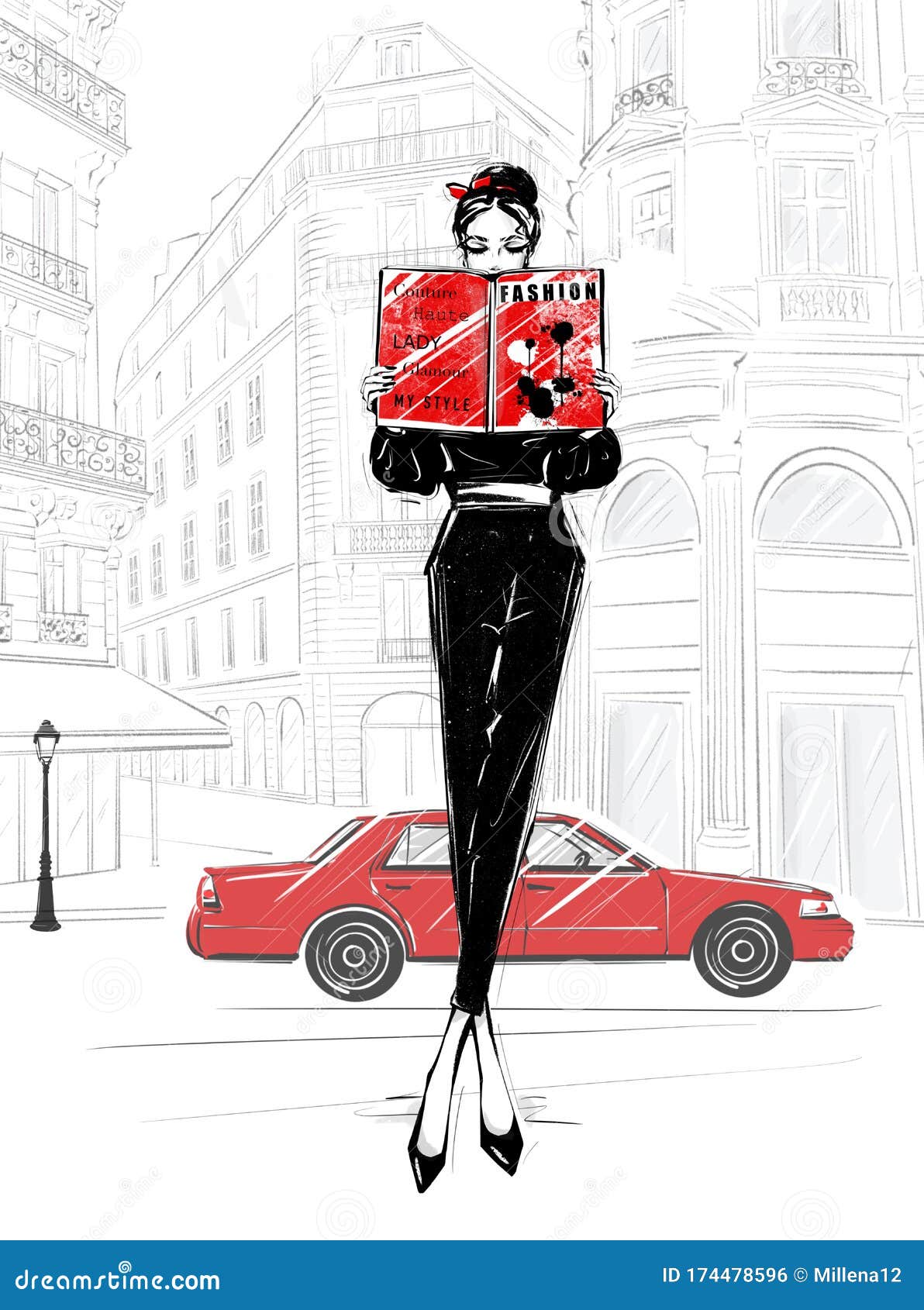 hand drawn beautiful young woman with fashion magazine. fashion look. stylish girl with paris street background. sketch.
