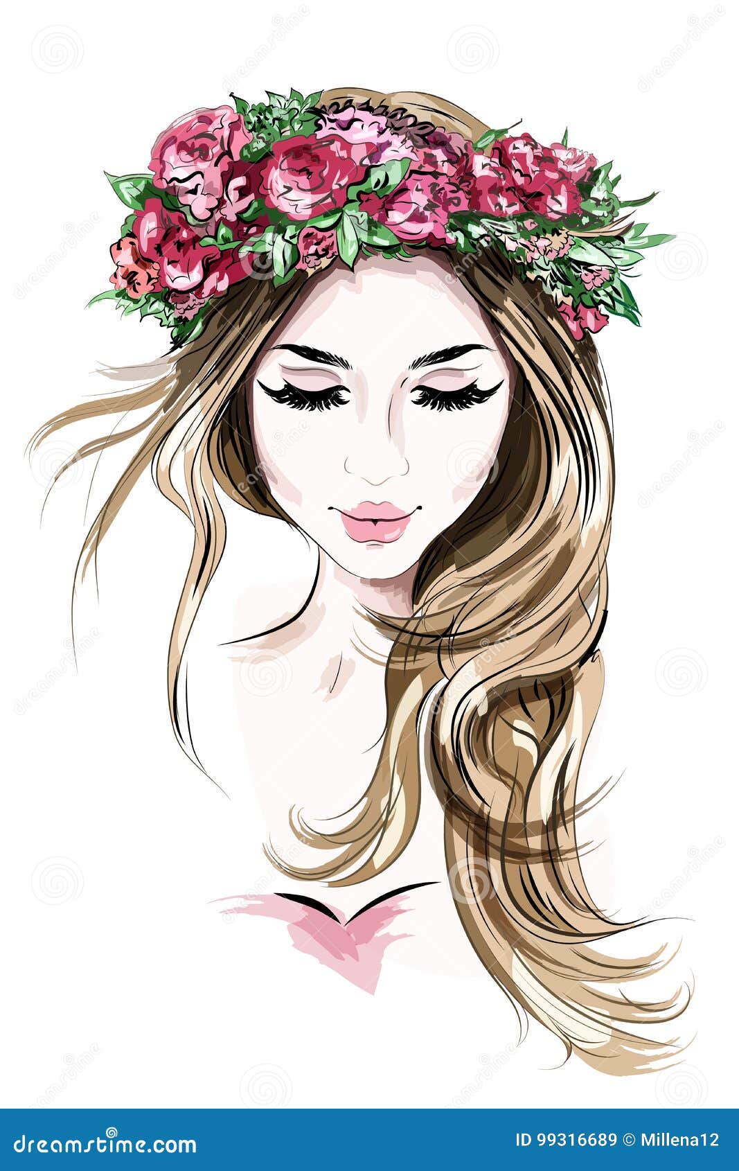 Hand Drawn Beautiful Young Woman in Flower Wreath. Cute Girl with ...