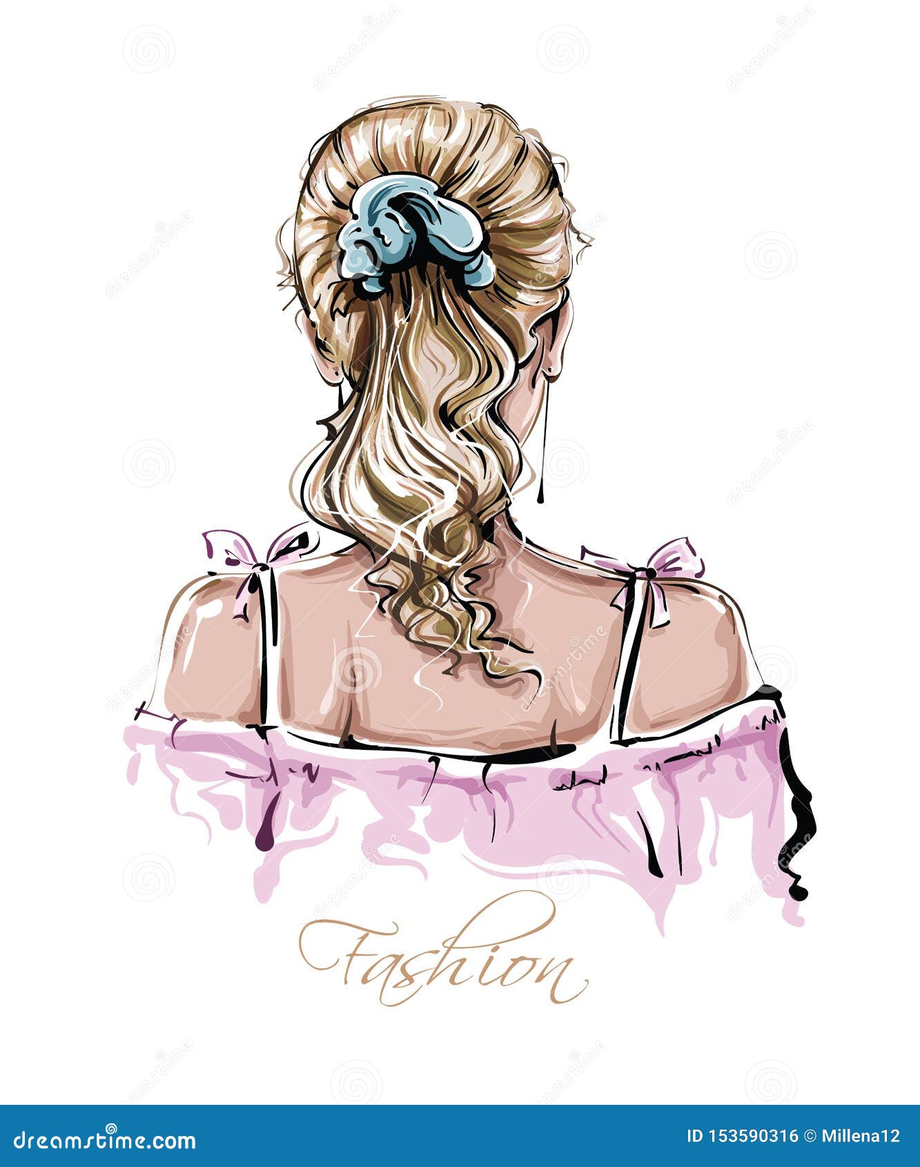 hand drawn beautiful young woman hairstyle. stylish female blonde hair. fashion woman look. sketch.