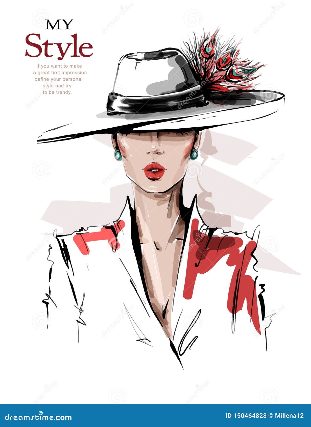 Sketch of a girl in a hat. Fashion illustration. Hand drawn. Women's hat  with colored flowers. Stock Vector | Adobe Stock