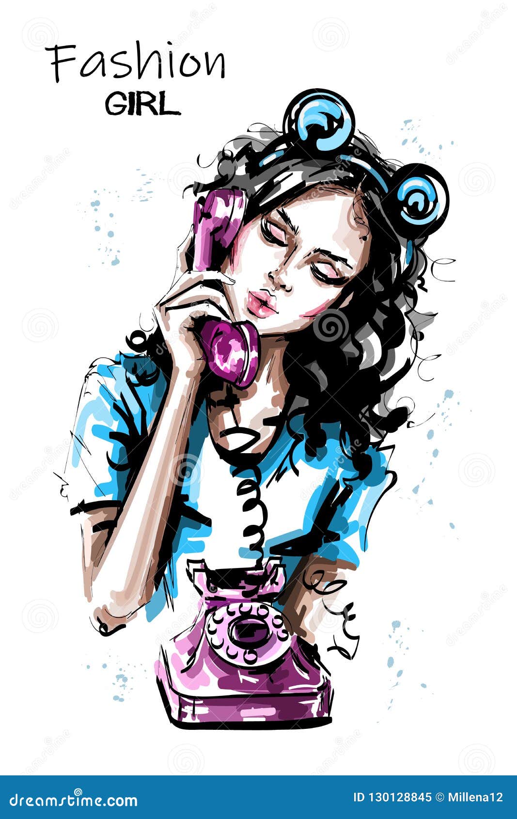 hand drawn beautiful young woman holding handset of an old vintage style telephone. stylish girl with bear ears head accessory.