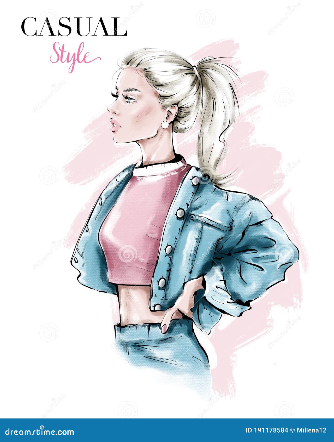 hand drawn beautiful young woman in jeans jacket . fashion blonde hair woman with ponytail. fashion . stylish girl.