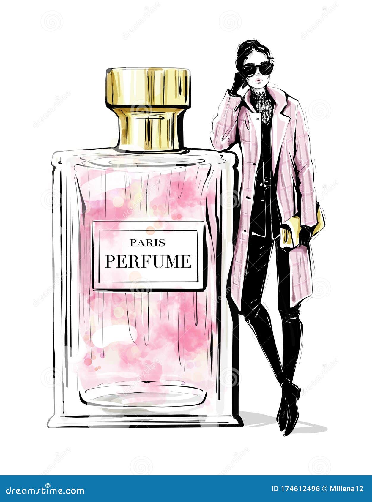 hand drawn beautiful young woman with large perfume bottle. fashion look. stylish girl in fashion clothes. woman in pink coat.