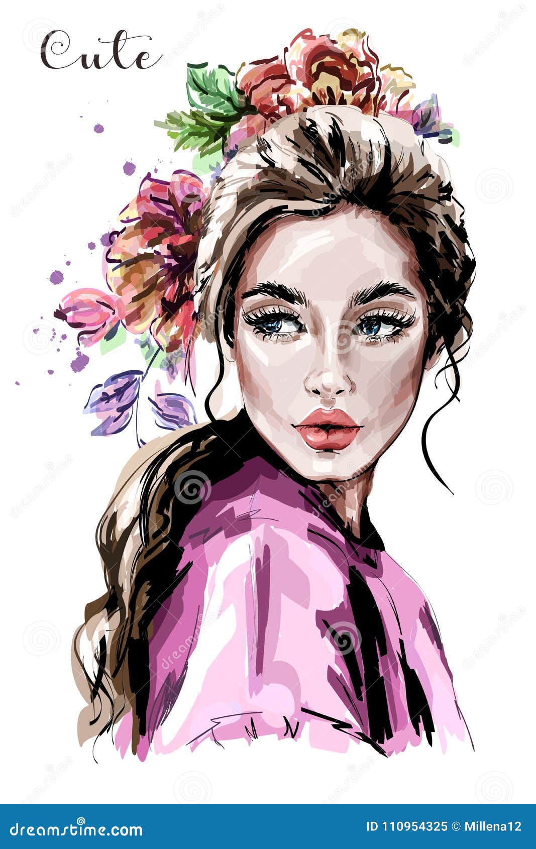 hand drawn beautiful young woman portrait. fashion woman. cute girl with flowers.