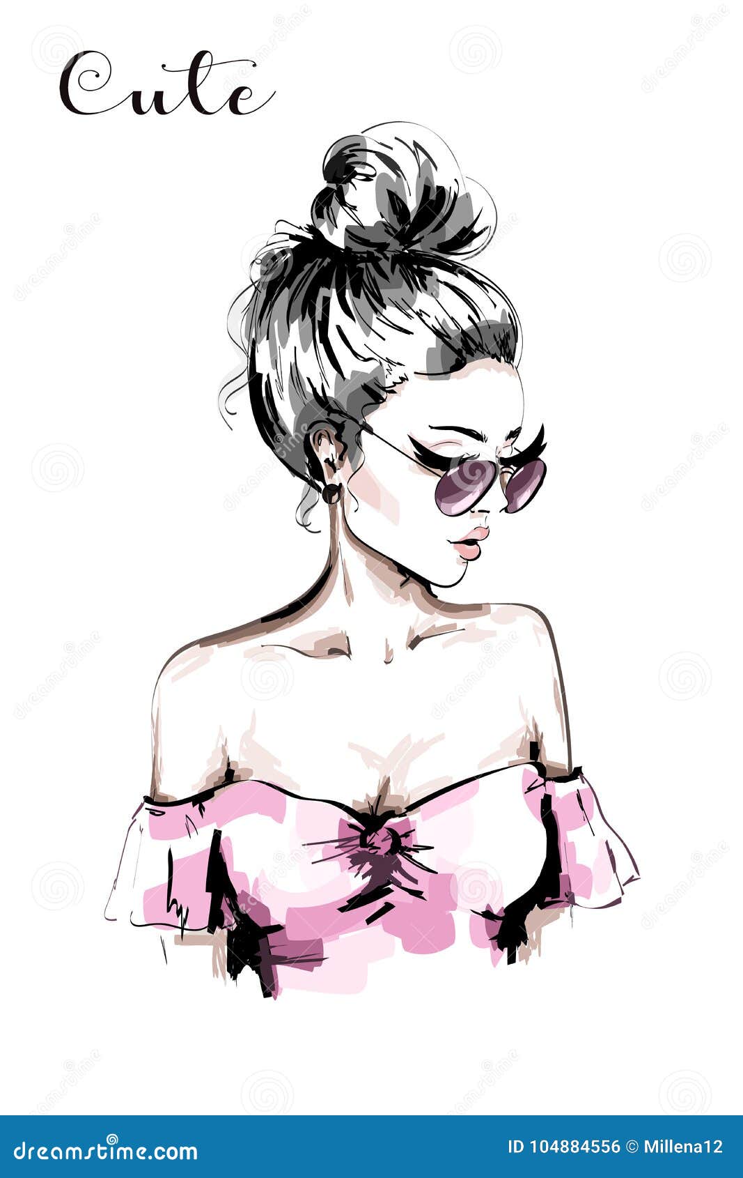 hand drawn beautiful young woman portrait. fashion woman in sunglasses. cute blond hair girl with stylish hairstyle.