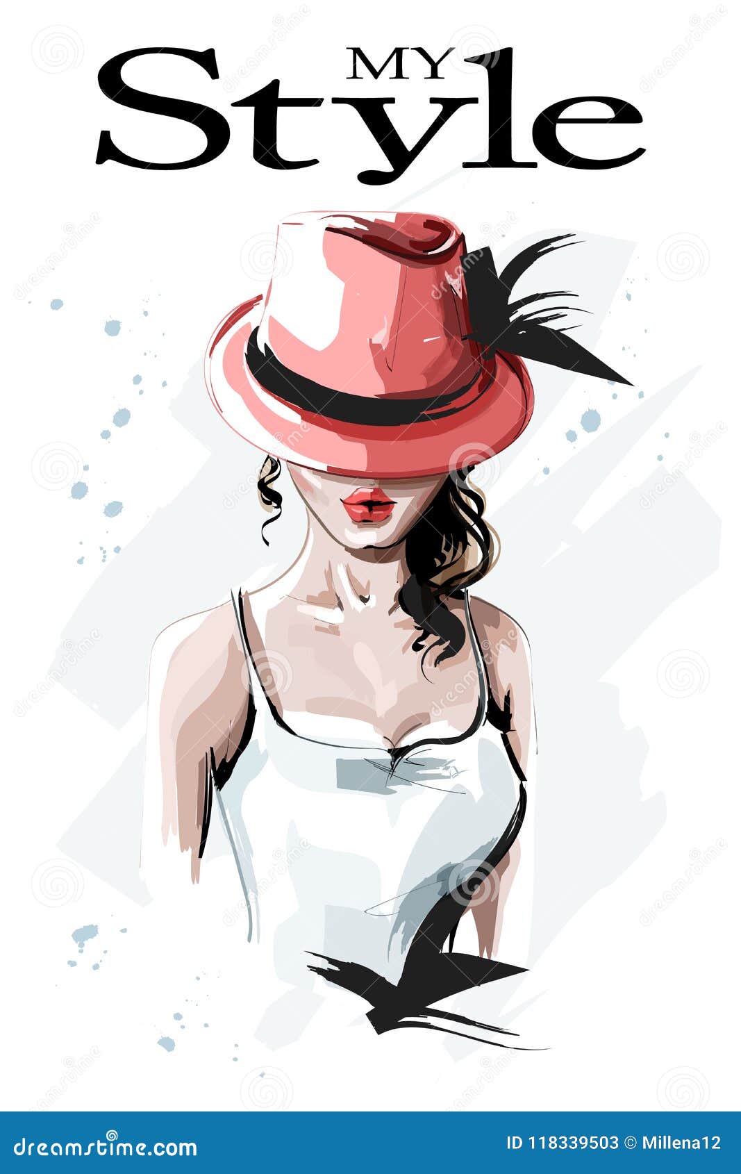 hand drawn beautiful young woman in red hat. fashion woman with curly hair. stylish lady.