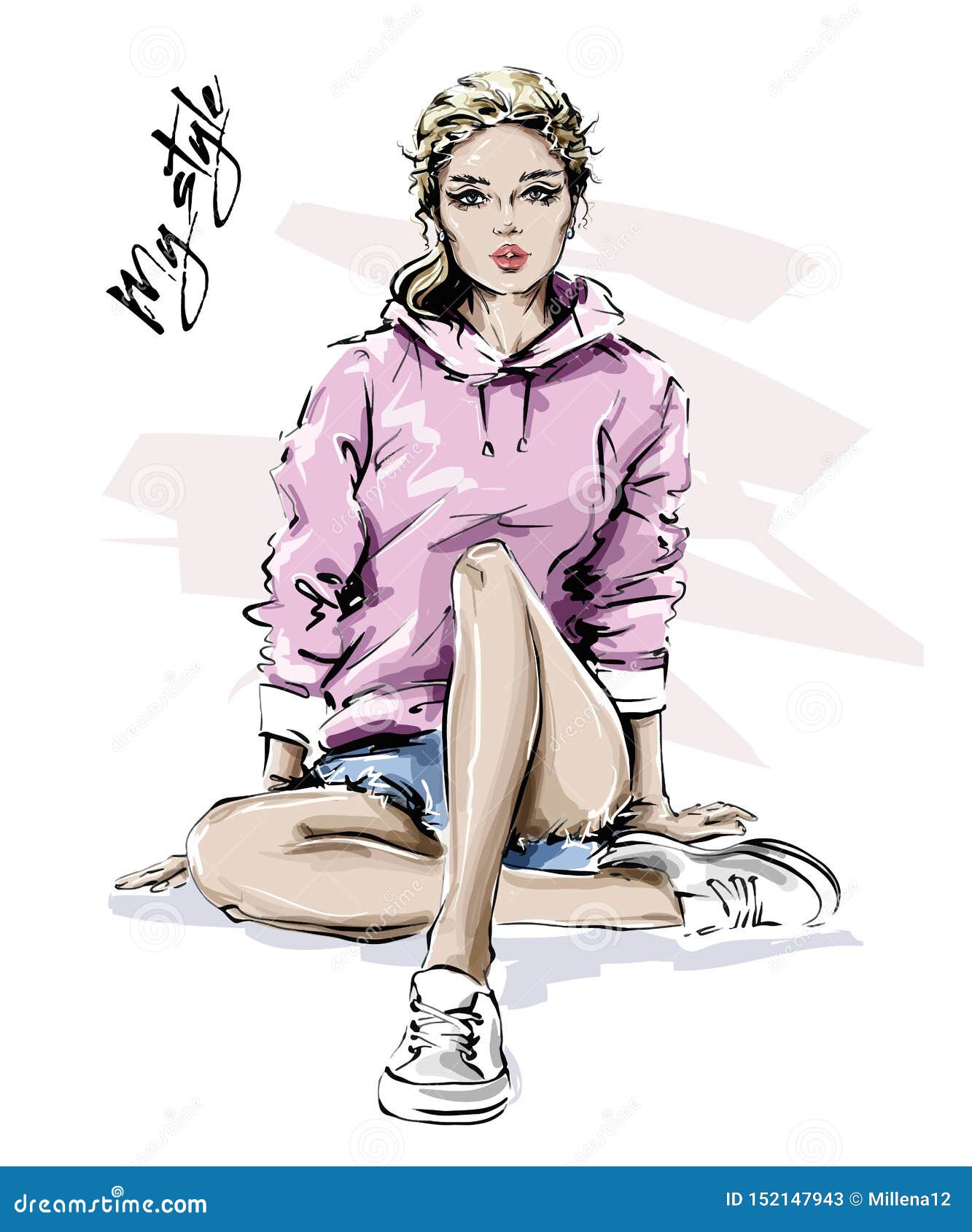 hand drawn beautiful young woman in sport clothes. stylish blonde hair girl. fashion woman look. sketch.