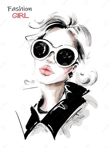 Hand Drawn Beautiful Young Woman in Sunglasses. Stylish Elegant Girl ...