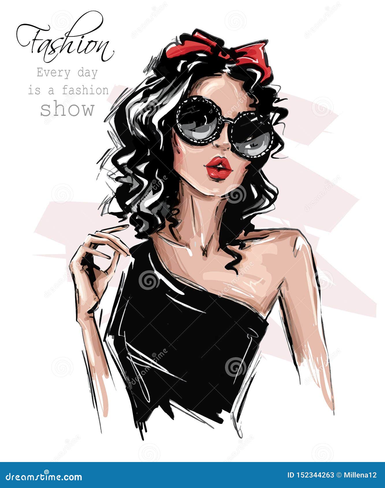 hand drawn beautiful young woman in sunglasses. stylish girl with bow on her head. fashion woman look. sketch.