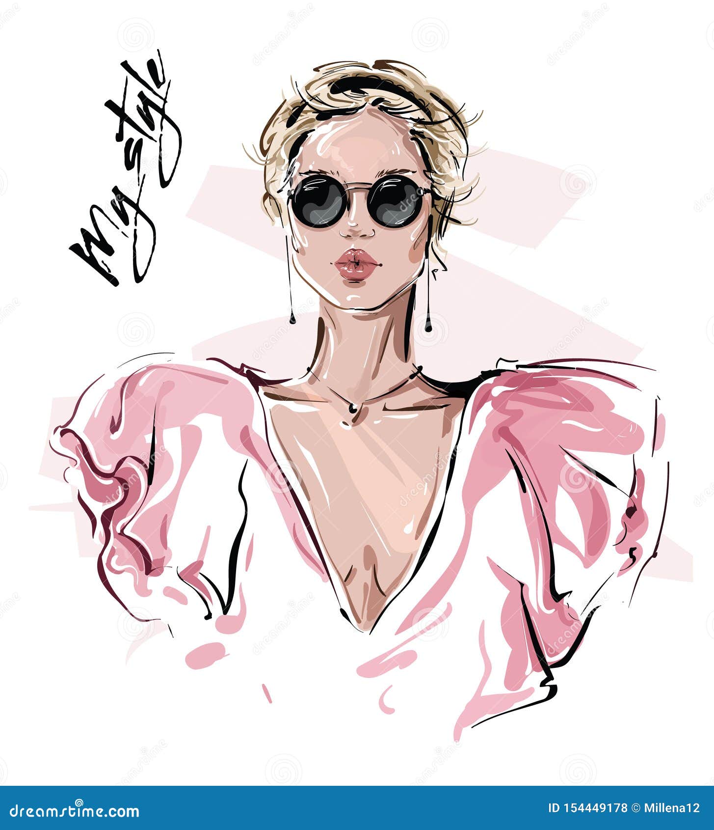 Hand Drawn Beautiful Young Woman in Sunglasses. Stylish Girl. Fashion ...