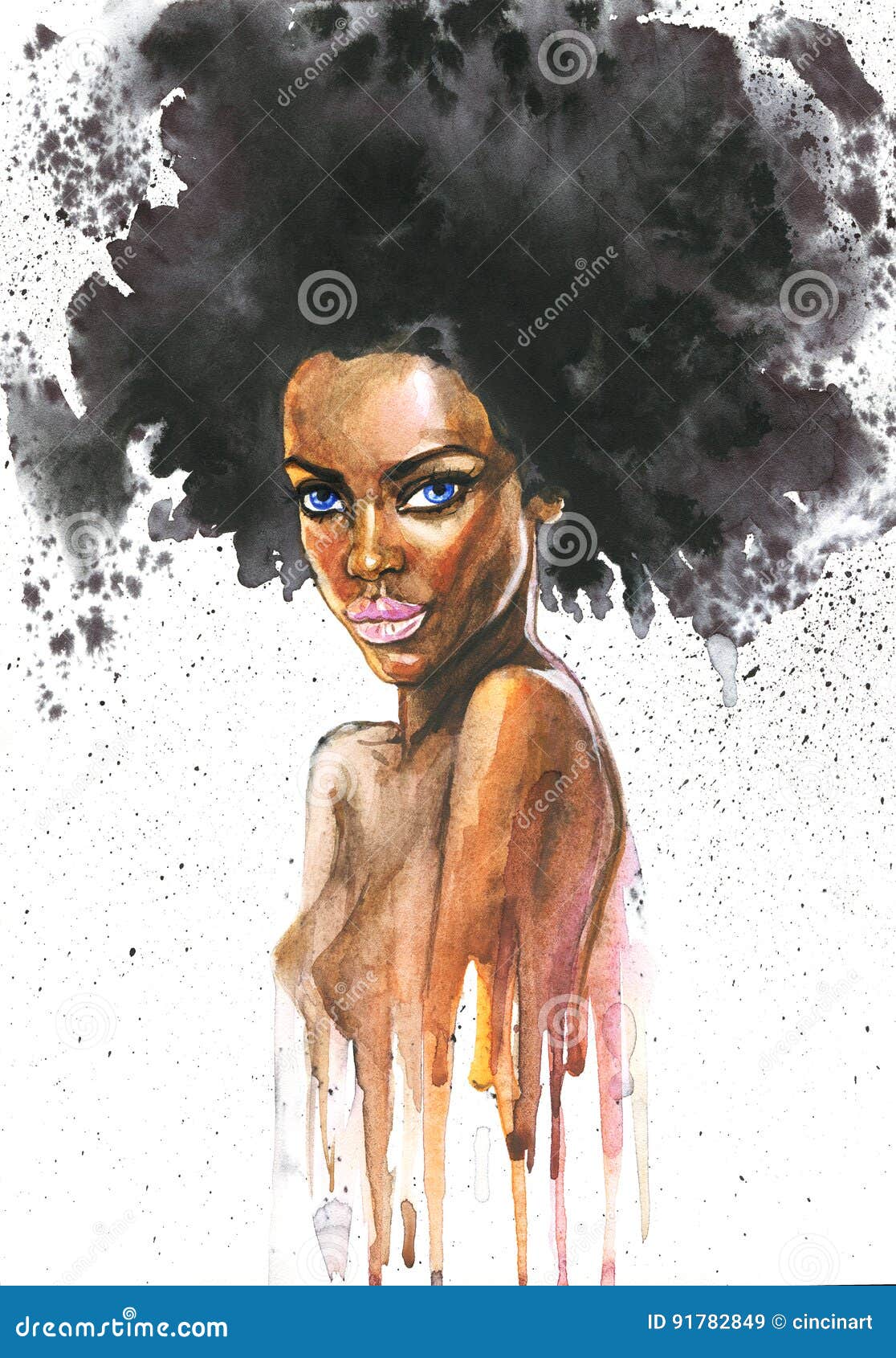 Hand Drawn Beauty African Woman With Splashes Watercolor Abstract