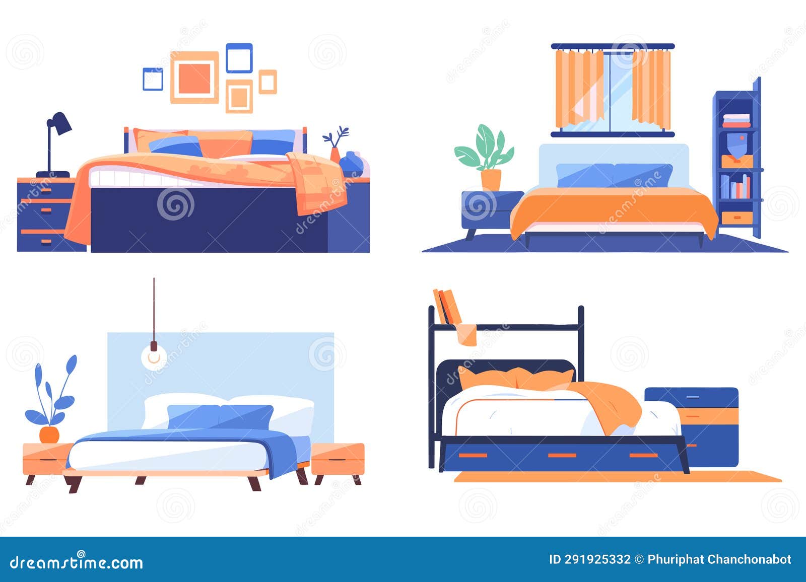 Hand Drawn Bed and Bedroom in Flat Style Stock Vector Illustration of