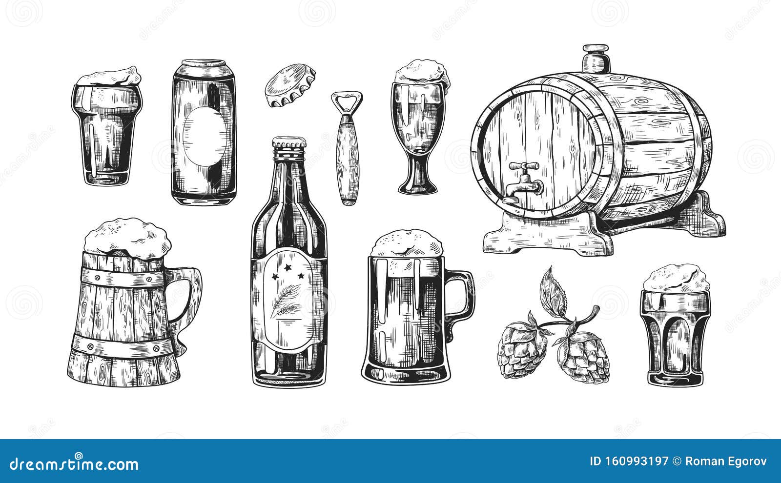 hand drawn beer. vintage wooden and glass pub mugs with bear and alcoholic beverages with bubble foam.  set