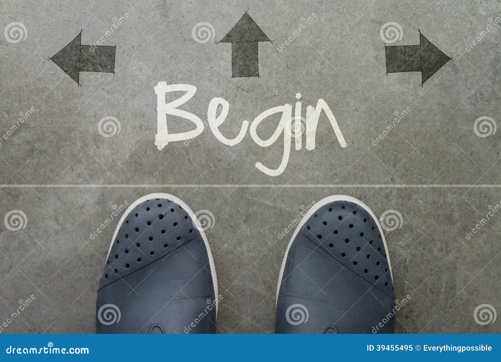 hand drawn begin  word on front of business man feet