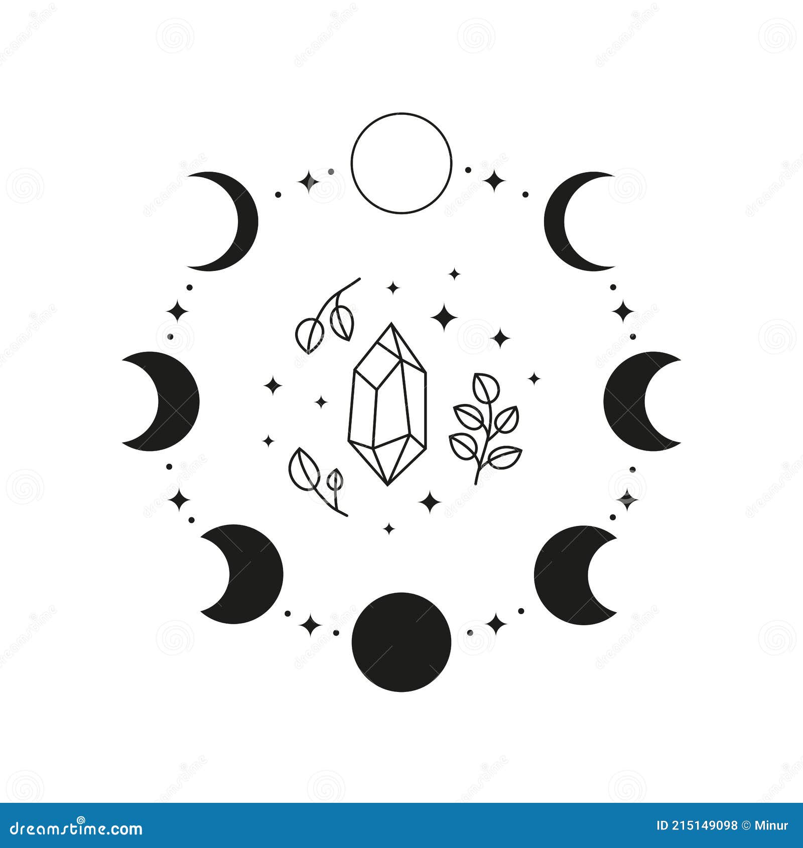 Hand Drawn Black Celestial Moon Phases in Circle. Stock Vector ...