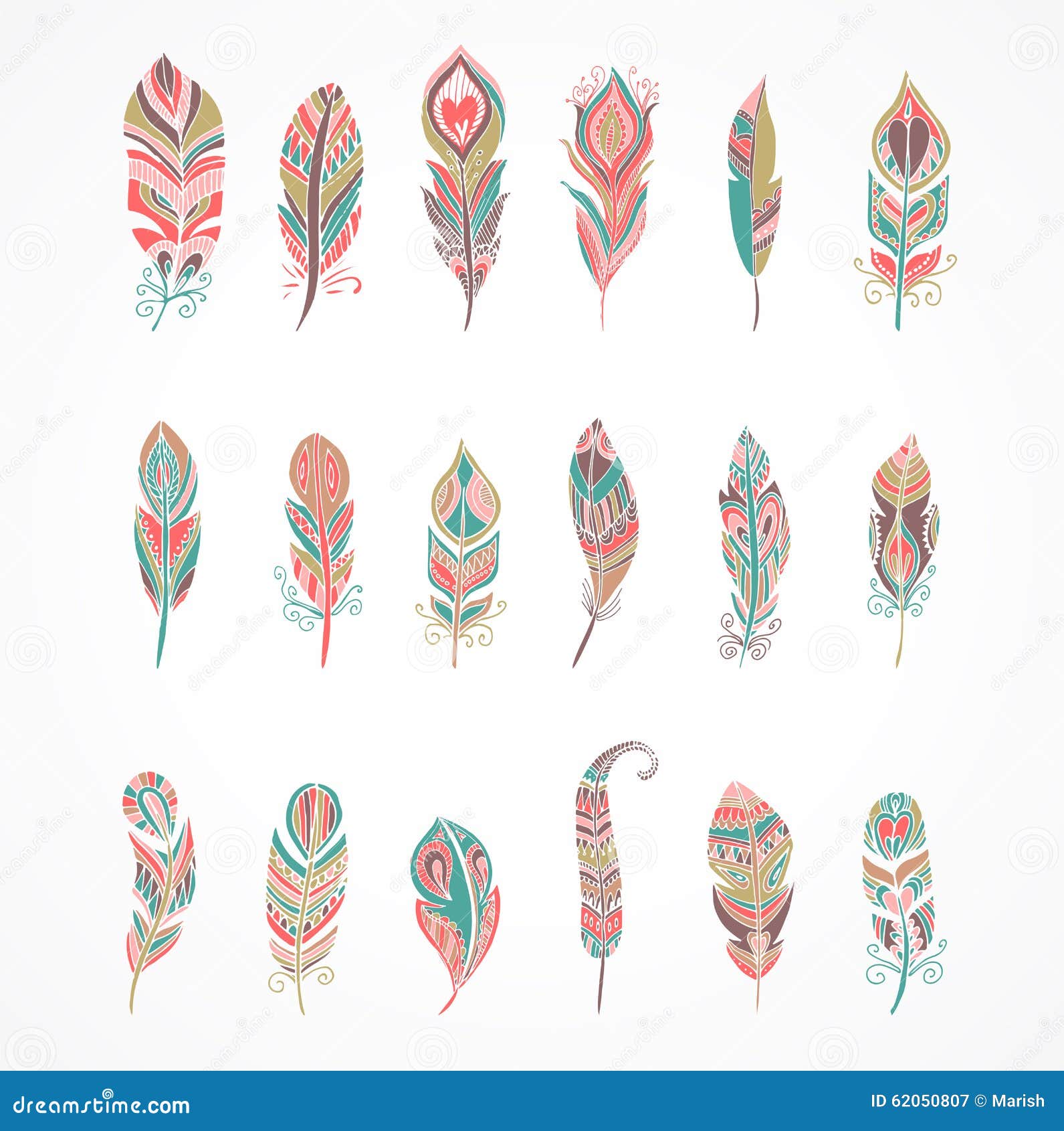 hand drawn bohemian, tribal, ethnic feathers. colorful set