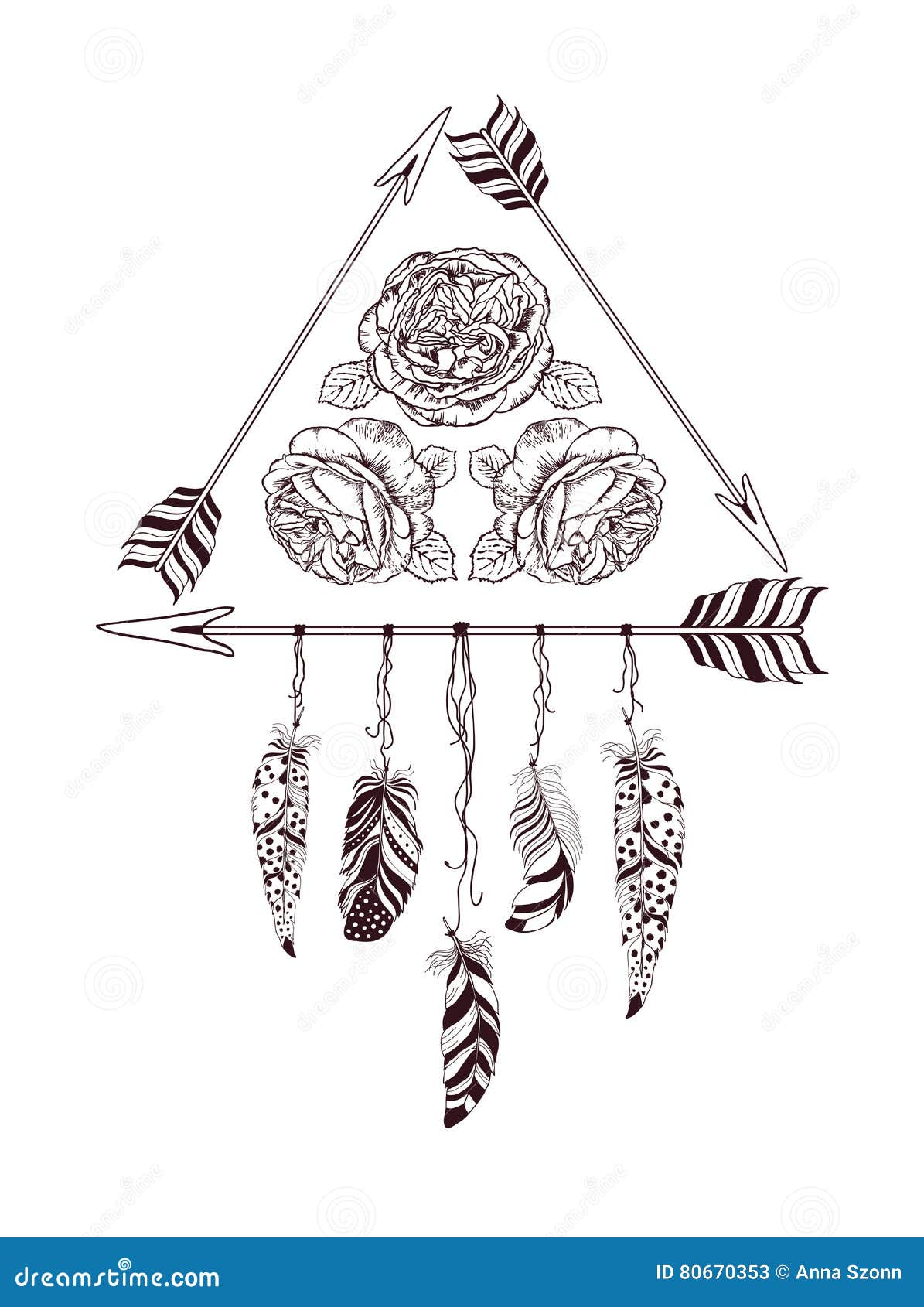 Hand Drawn Boho Style Design with Rose Flower, Arrow and Feathers ...