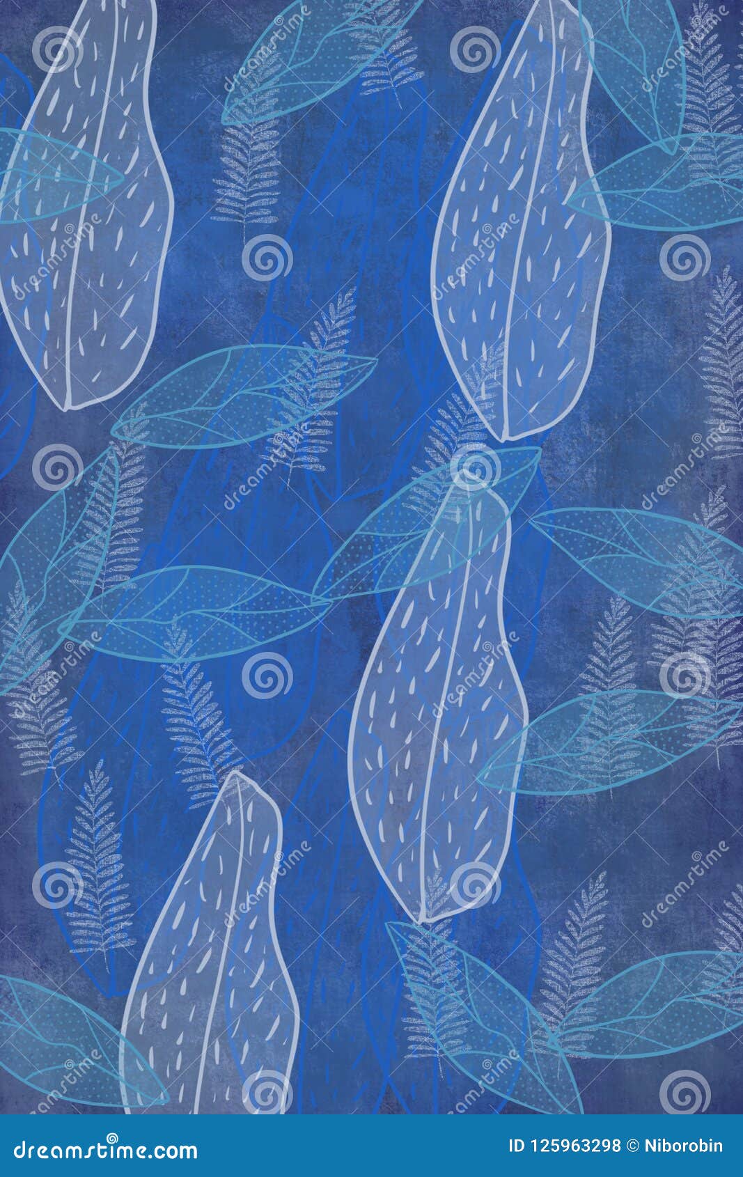 hand drawn bokeh fern and plant art dyed grunge background with japanese ink antiqued style background in blue jean and indigo