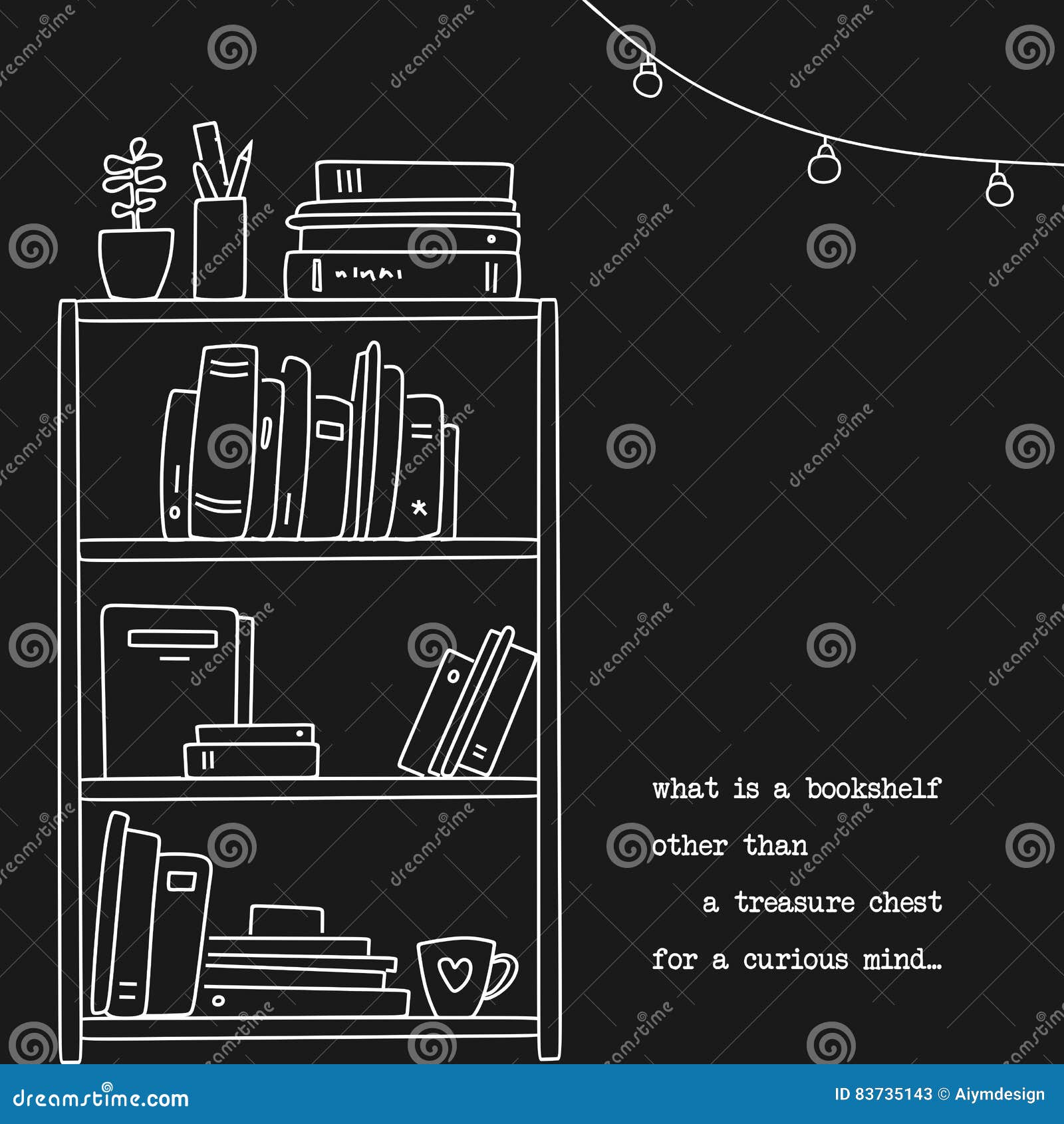 Hand Drawn Book Shelf Illustration in Linear Style with a Quote about