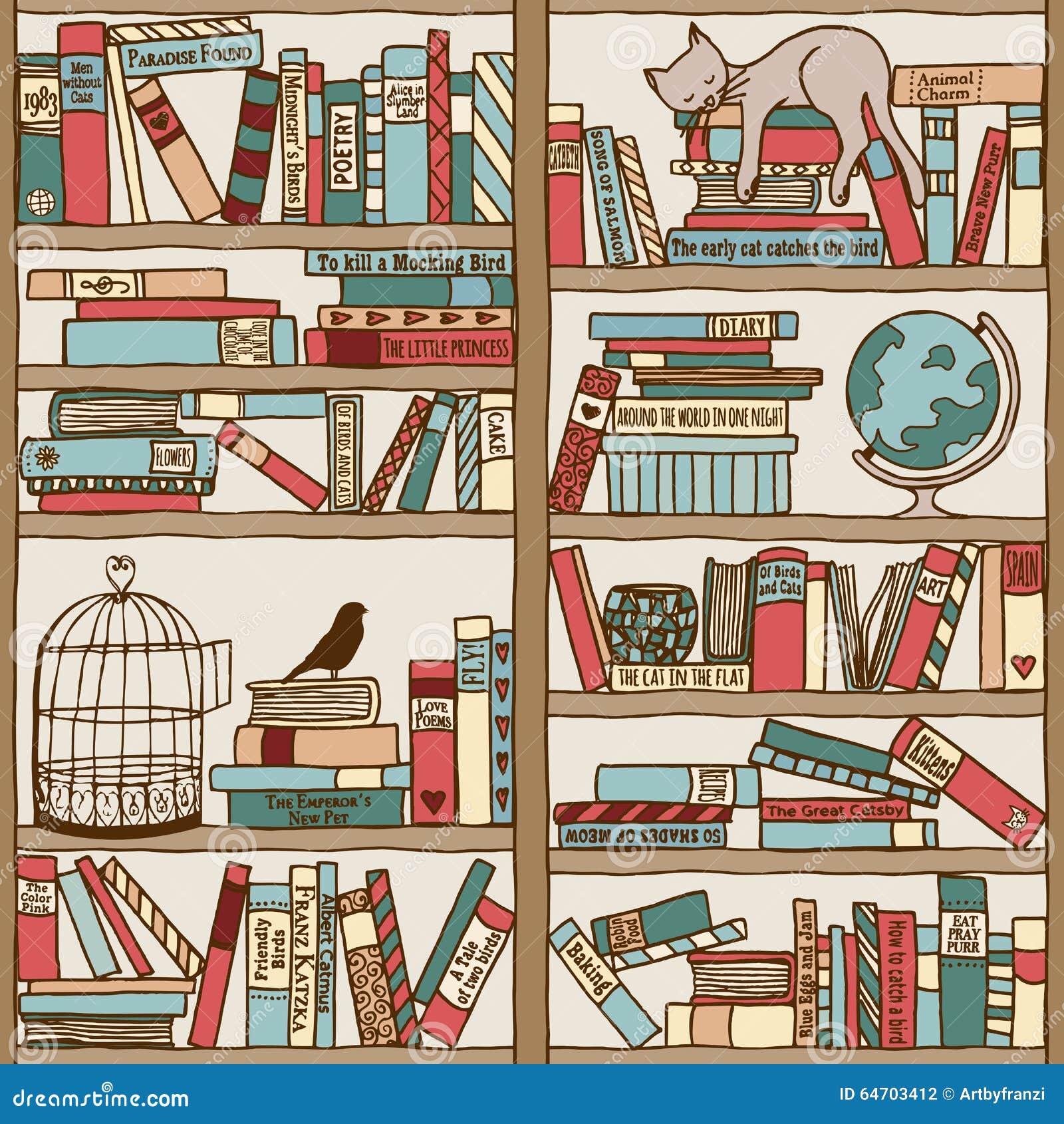 hand drawn bookshelf with sleeping cat & birdcage