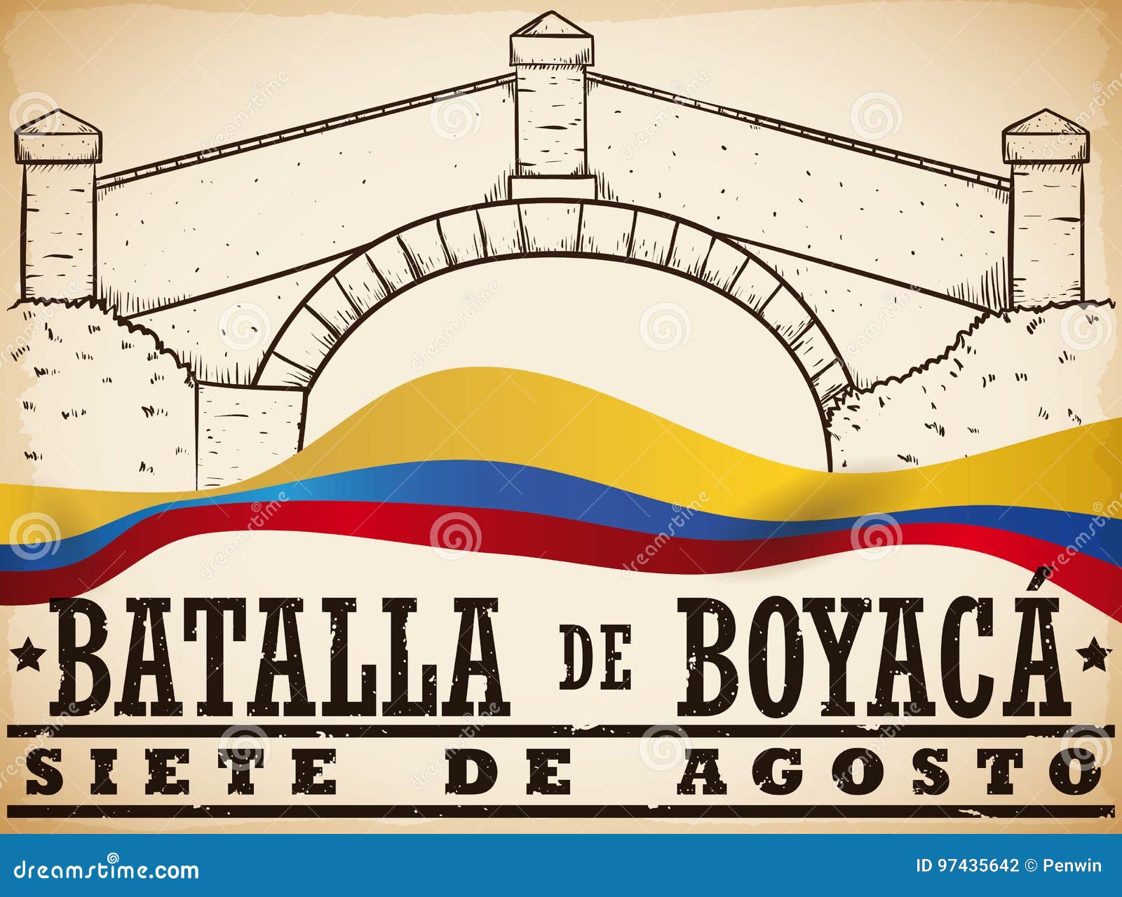 hand drawn boyaca`s bridge and colombian flag for boyaca`s battle,  