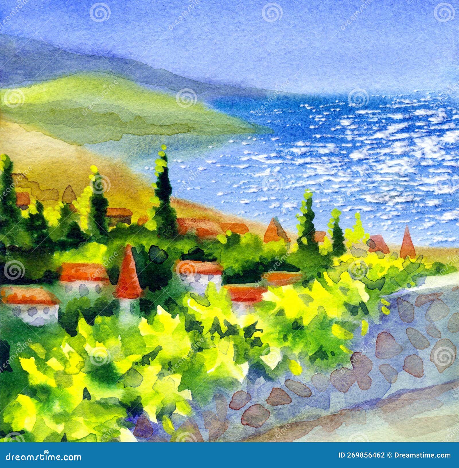 Greek landscape. watercolor painting. Landscape with flowers