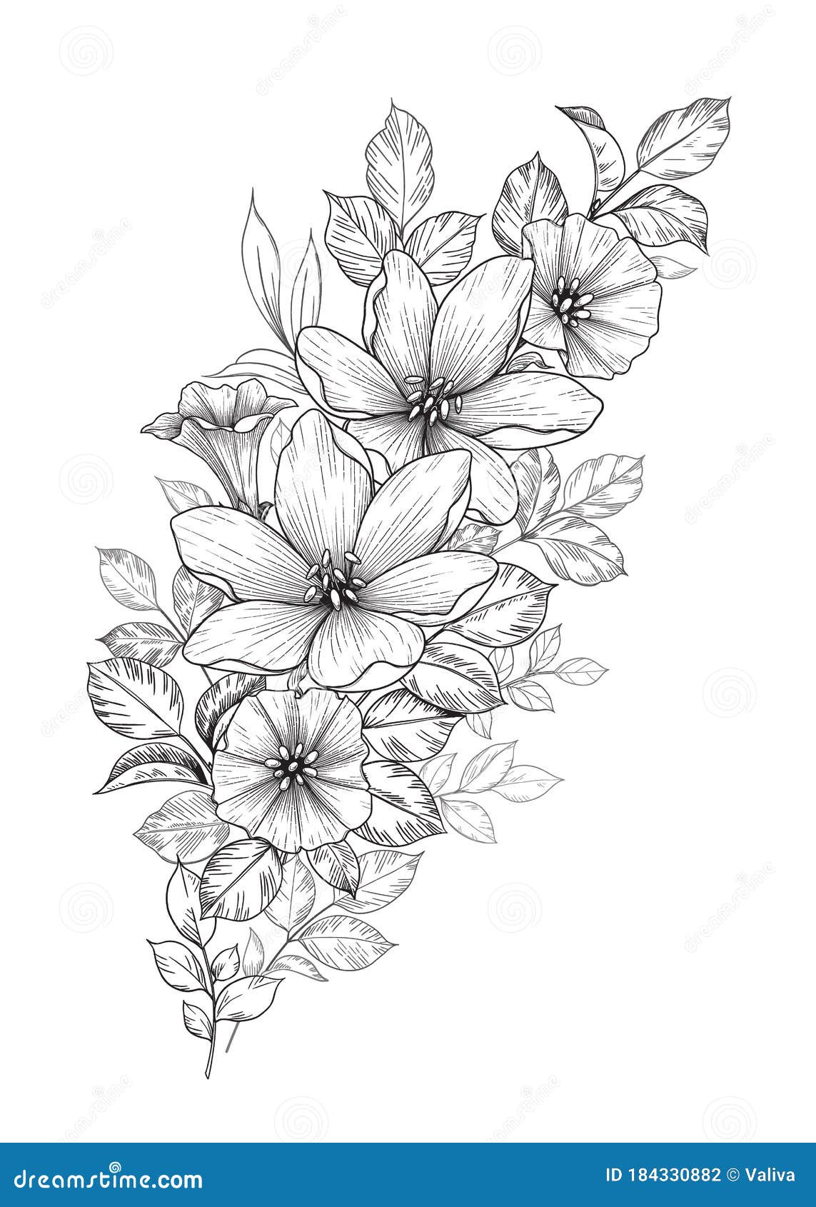 Hand Drawn Bunch with Flowers Stock Vector - Illustration of floral ...