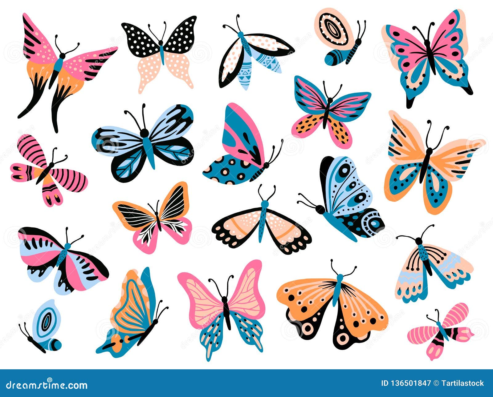 hand drawn butterfly. flower butterflies, moth wings and spring colorful flying insect   collection