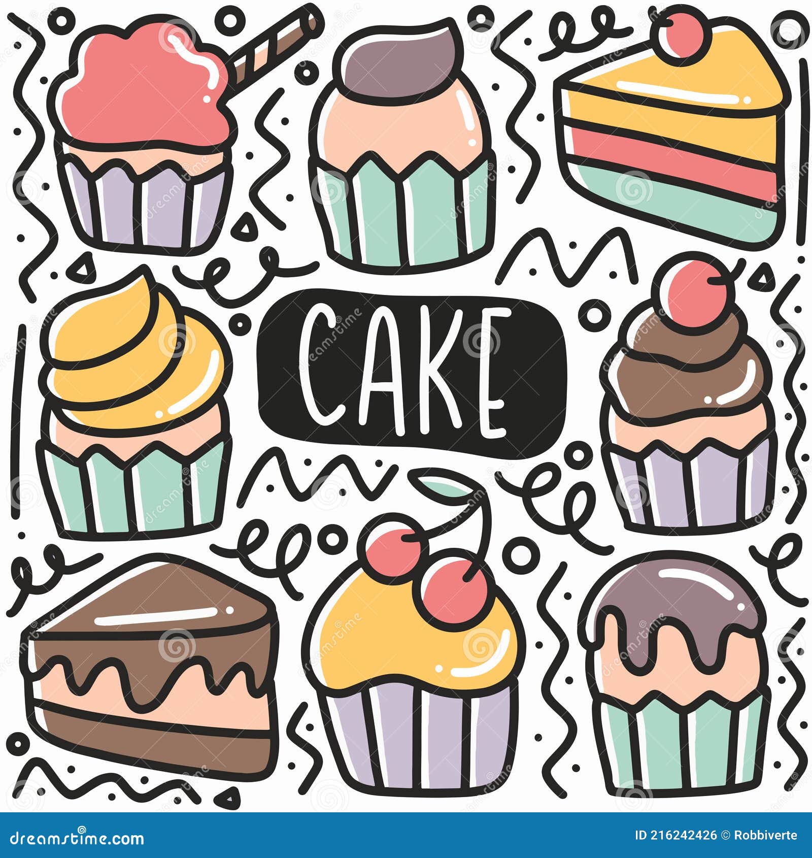 Hand drawn cake doodle set stock vector. Illustration of icon 216242426