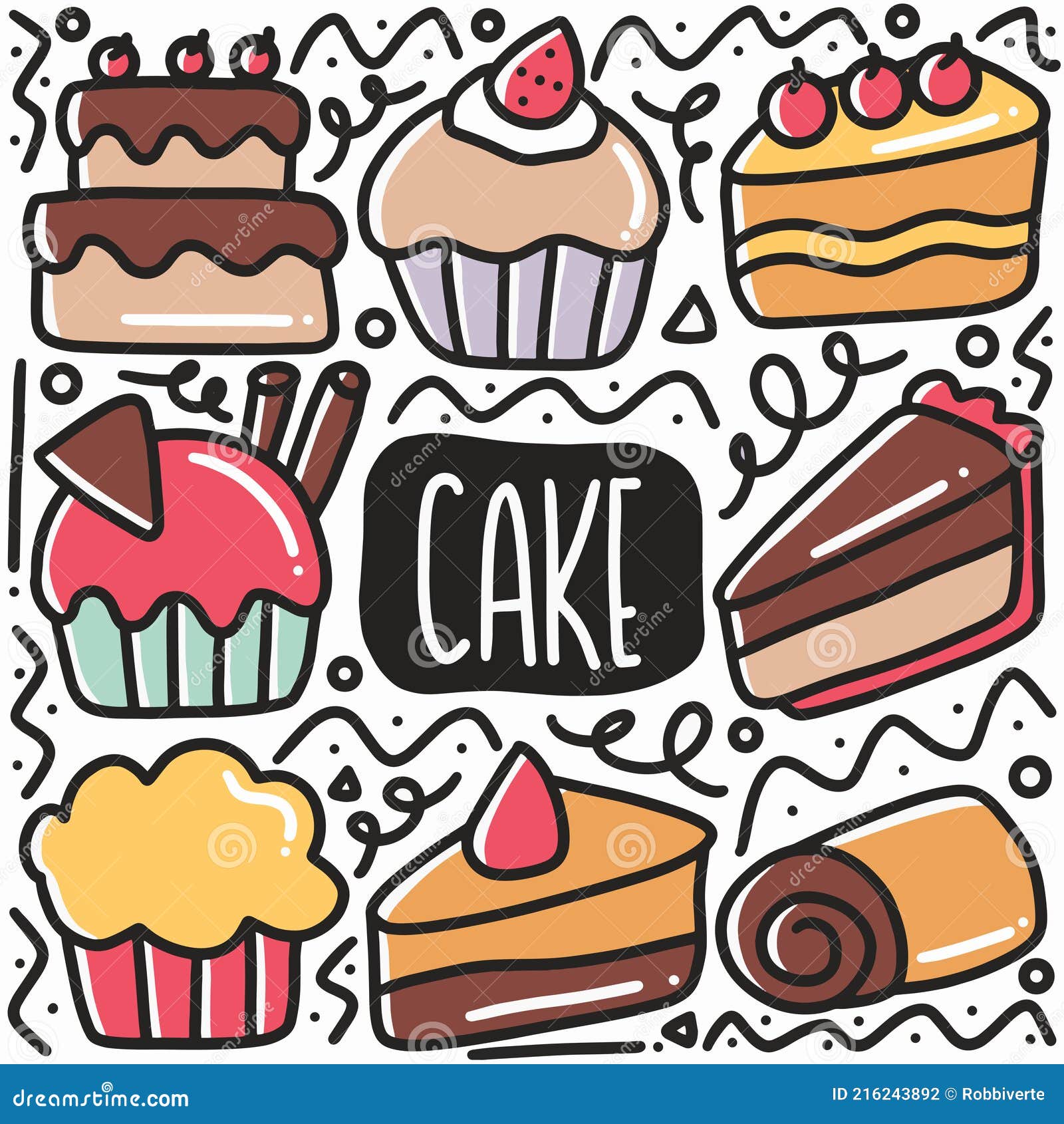 Hand drawn cake doodle set stock vector. Illustration of strawberry